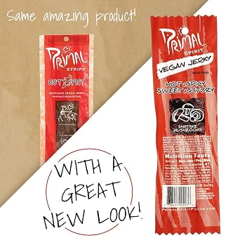 Primal Spirit Vegan Jerky Shitake Mushroom Classic Flavor Hot & Spicy-Sweet & Savory, 10 g. Plant Based Protein, Certified Non-GMO, No Preservatives, Sports Friendly Packaging (12 Pack, 1 Oz)