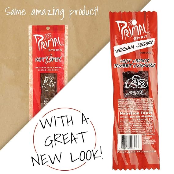 Primal Spirit Vegan Jerky Shitake Mushroom Classic Flavor Hot & Spicy-Sweet & Savory, 10 g. Plant Based Protein, Certified Non-GMO, No Preservatives, Sports Friendly Packaging (12 Pack, 1 Oz)