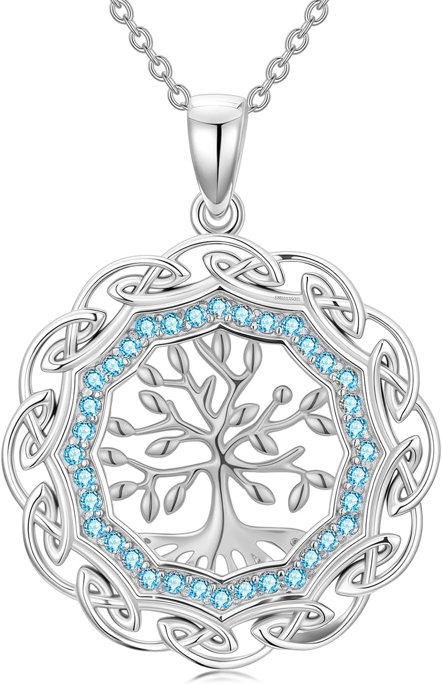 Celtic Tree of Life Necklace for Women, 18K Gold Plated Aquamarine Colored Gemstone Tree of Life Pendant Celtic Irish Jewelry Gifts for Her 18"-20"