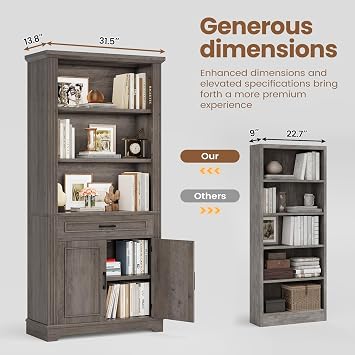 SEDETA Farmhouse Bookshelves and Bookcases with Doors, Drawer, Grey