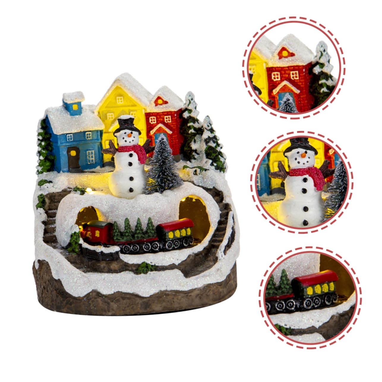 PRETYZOOM Casa Iluminada Navideña Miniatura con Música y Tren Eléctrico, Figura Decorativa De Resina Pequeña, Obsequio para Navidad y Escritorio, Diseño Nieve y Muñeco De Nieve,