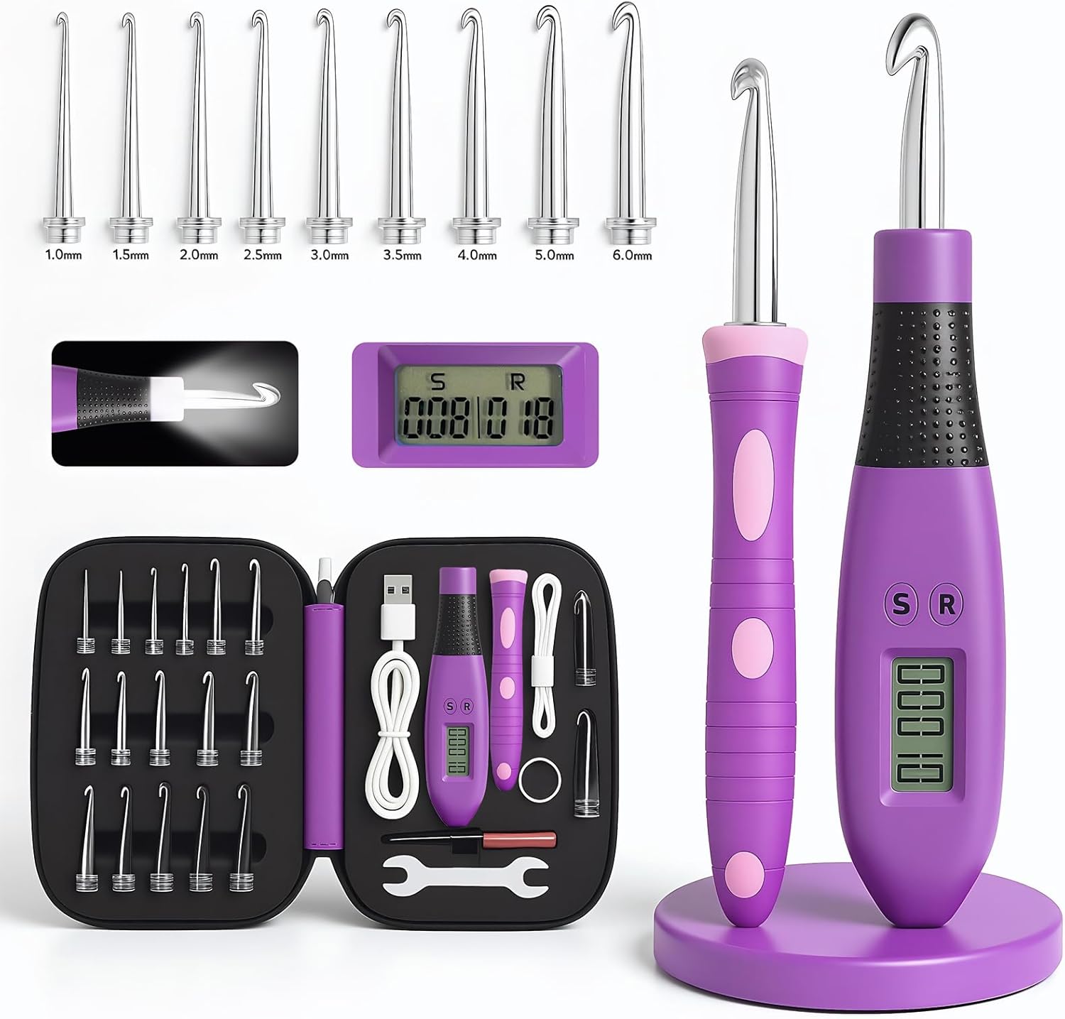 Transplant Crochet Hook Set with Stitch Counter,Crochet Kit with 24 Different Size Interchangeable Crochet Needle,Ergonomic with 2 Levels Led and Digital Stitch Counter for Crocheting and Knitting
