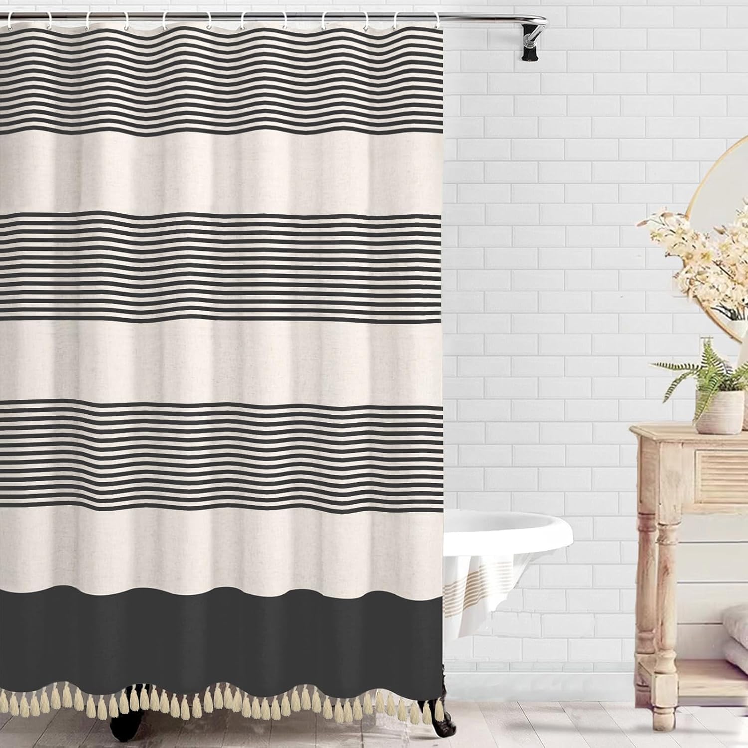 bufftieo Black Shower Curtain for Bathroom Boho Linen Farmhouse Tassel Shower Curtain Set 72" x 96"