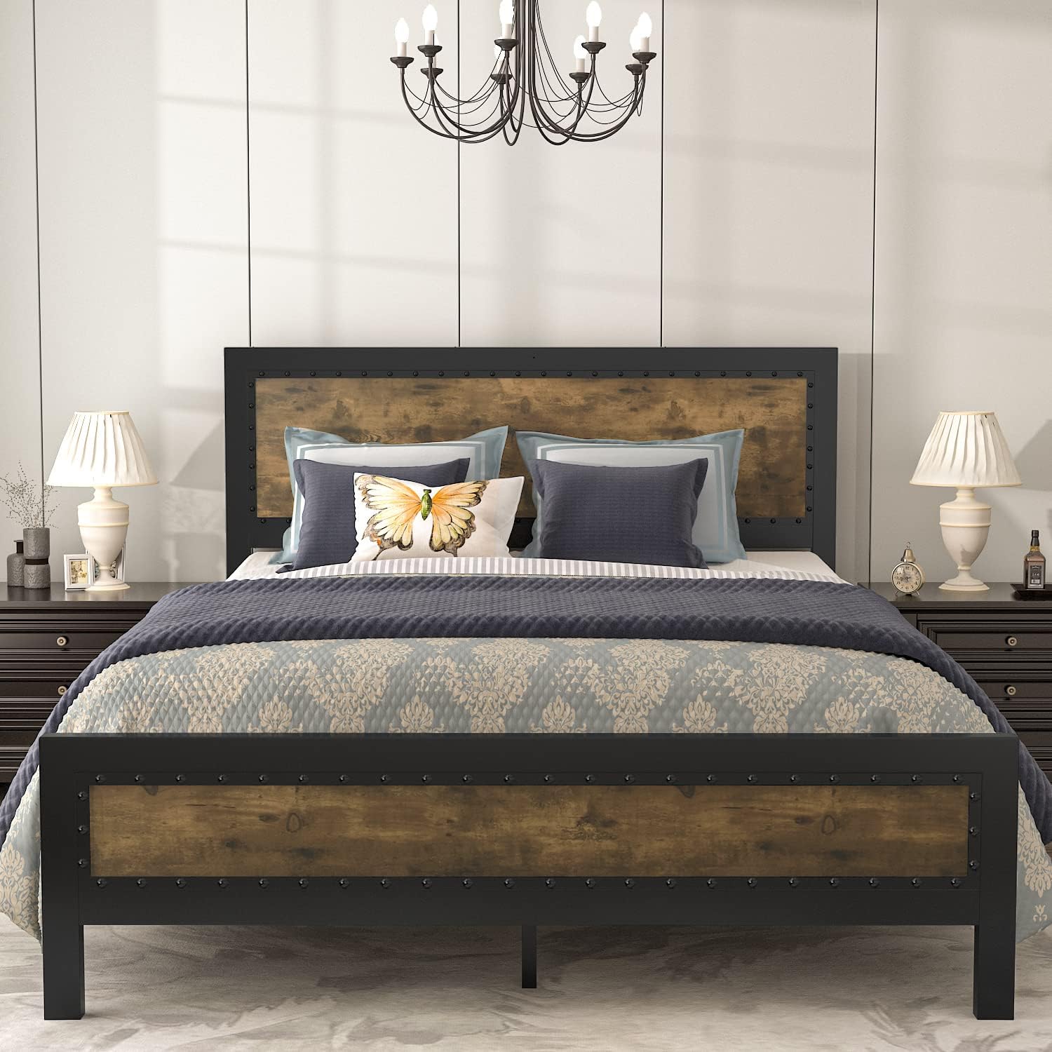 IMUsee Rivet Metal Full Bed Frame with Wood Headboard/Heavy Duty Platform Bed with Strong 13 Support/Noise Free/No Box Spring Needed/Easy Assembly/Fleck Wood