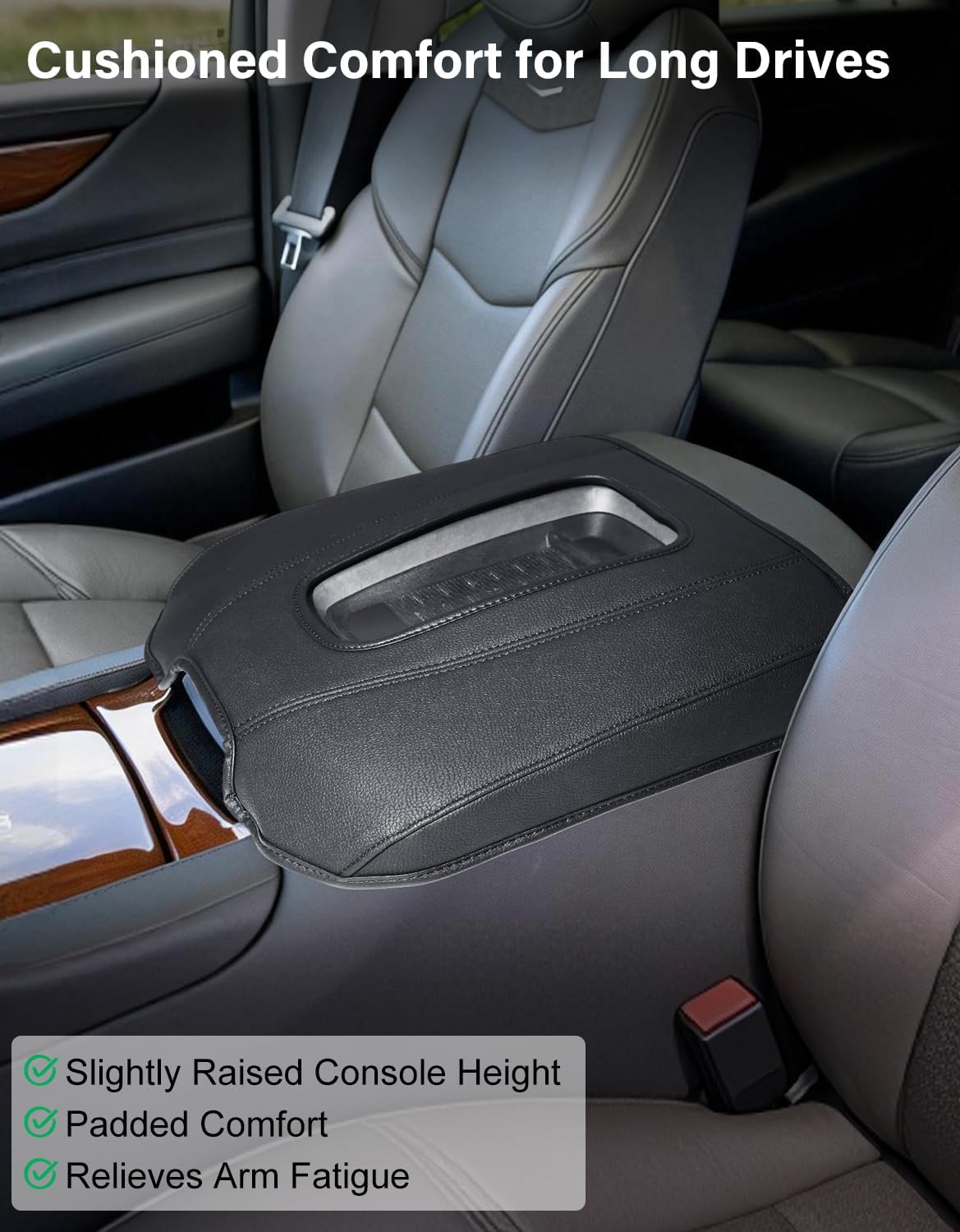 Center Console Armrest Cover for 2015 2016 2017 2018 2019 2020 Cadillac Escalade, PU Leather Middle Console Lid Protector Arm Rest Cushion Anti-Scratch Thick Pad, Black