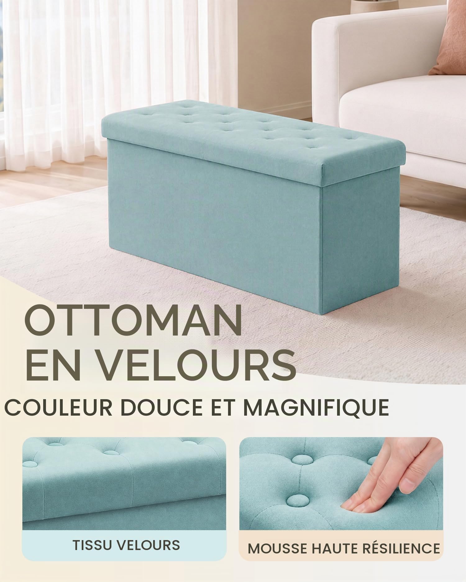 Bonlife Pliable Banc de Rangement Poufs et Repose Pieds Grand Coffre a Jouet Banc avec Espace de Rangement Flanelle Verte 80X40X40cm