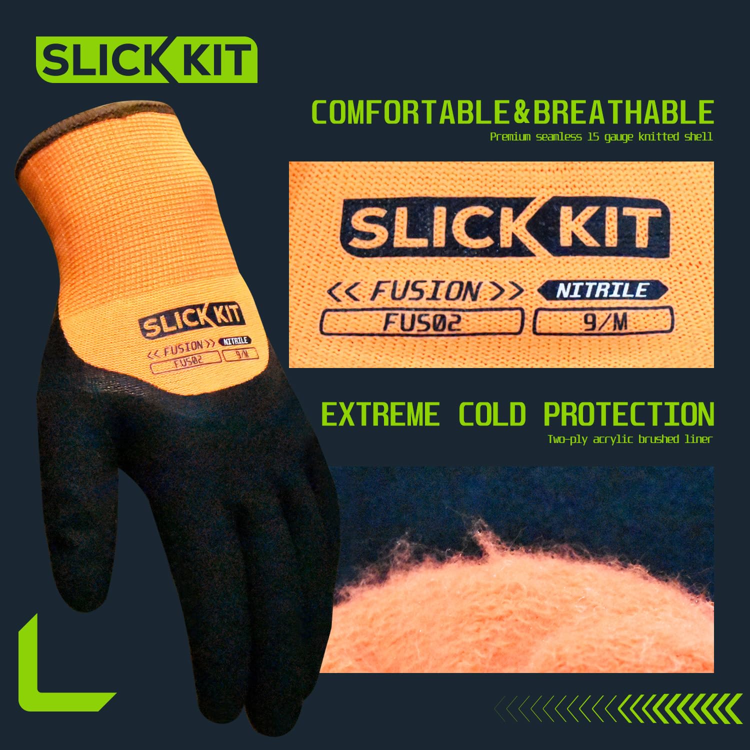 Winter Work Gloves for Men and Women, Waterproof & Insulated Freezer Gloves with Sandy Nitrile Coating, Super Grip for Cold Weather, Heavy Duty, Orange, 1 Pair (X-Large/11) - Image 2