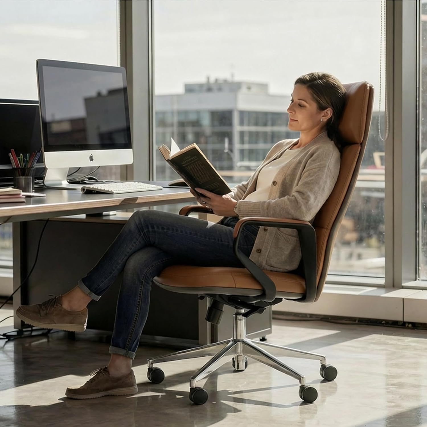 PU Leather Office Chair, Ergonomic High Back Executive Office Chair with Adjustable Lumbar Support, Sturdy Metal Base & Smooth Wheels, 400lbs Weight Capacity for Home and Office (Brown)