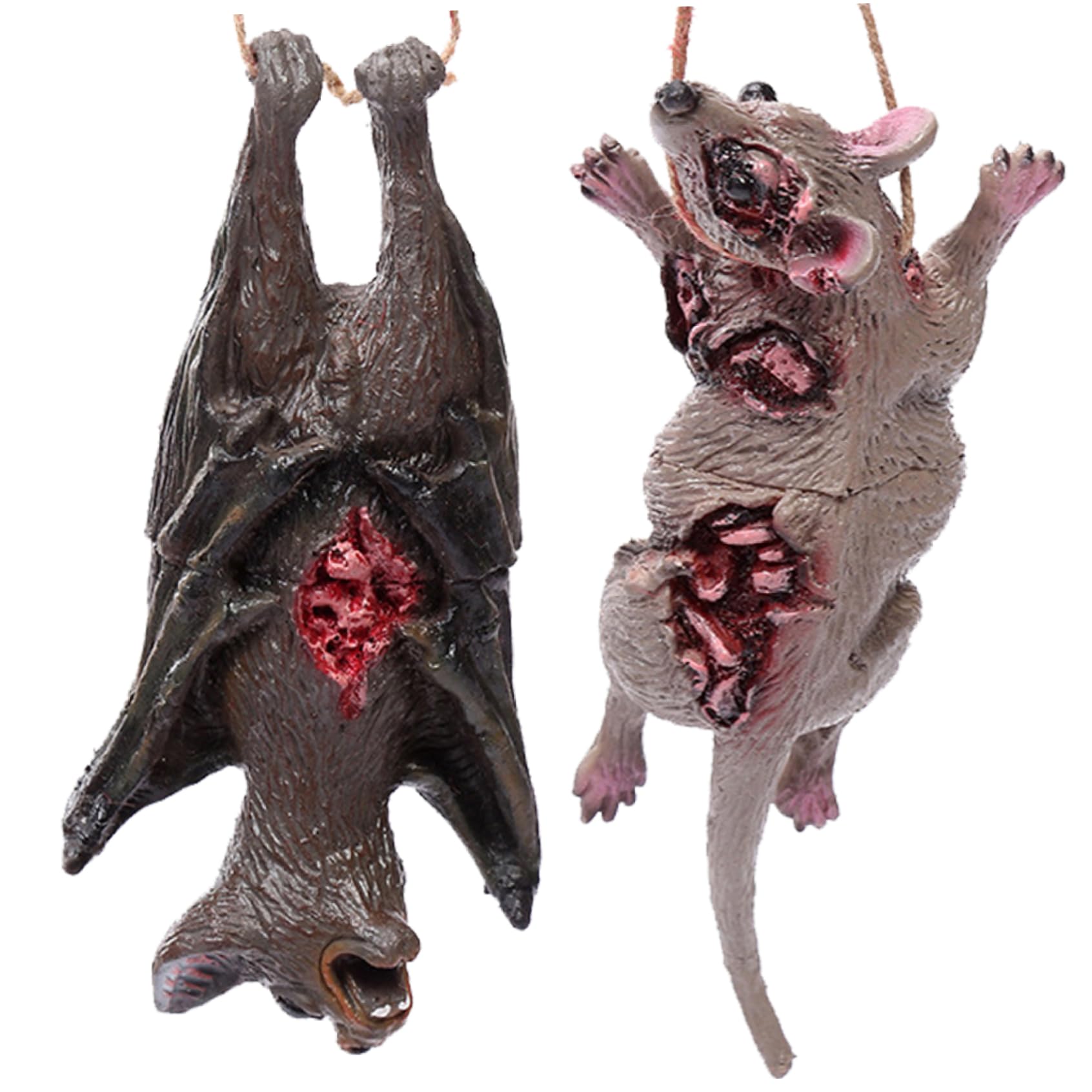 Xweptuy Realistic Rat and Bats for Scary Halloween Decorations 2PCS/Set Hanging Spooky Halloween Bats Horror Rat Prank Prop with Bloody Scar for Haunted House Supplies