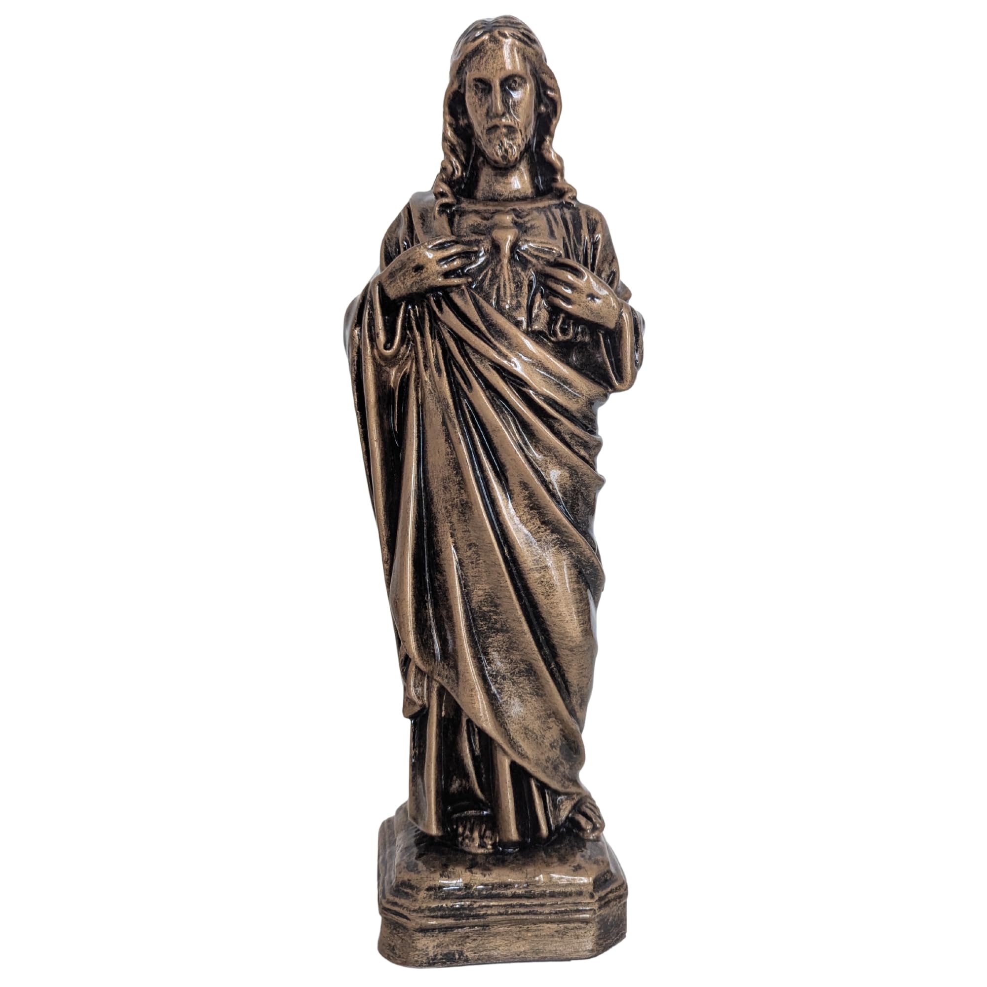 OVUNQUE PROTEGGIMI Statua Sacro Cuore di Gesù in Resina Color Bronzo 50 cm, Statuetta Sacro Cuore per Casa, Giardino, Altare, Chiesa e Cappella, Articolo Sacro Made in Italy