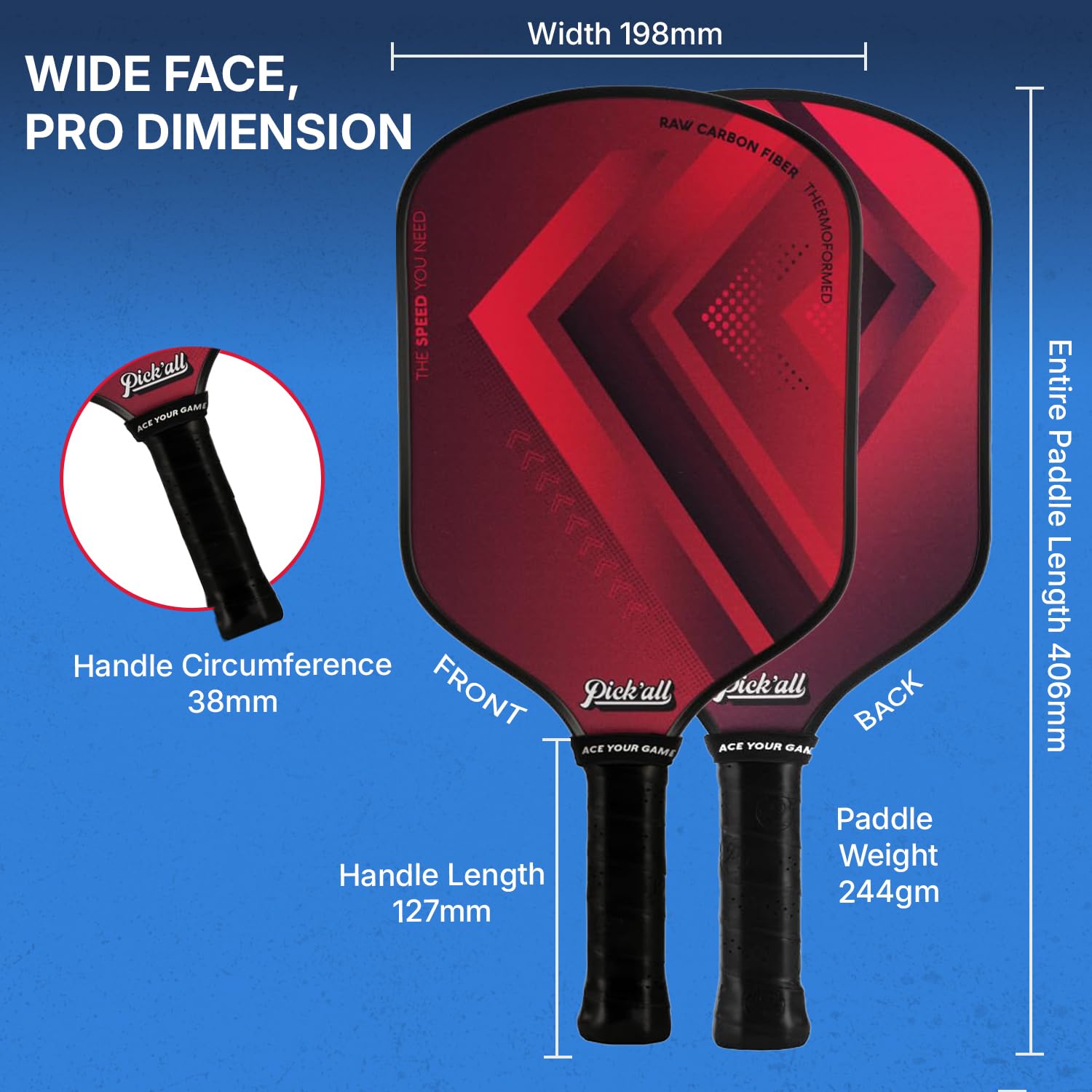 Pick’all Raw Carbon Fiber Strong Spin & Power Surface | Thermoformed Wide Face 16MM Advanced Series Pickleball Paddle - Turbo Strike 2