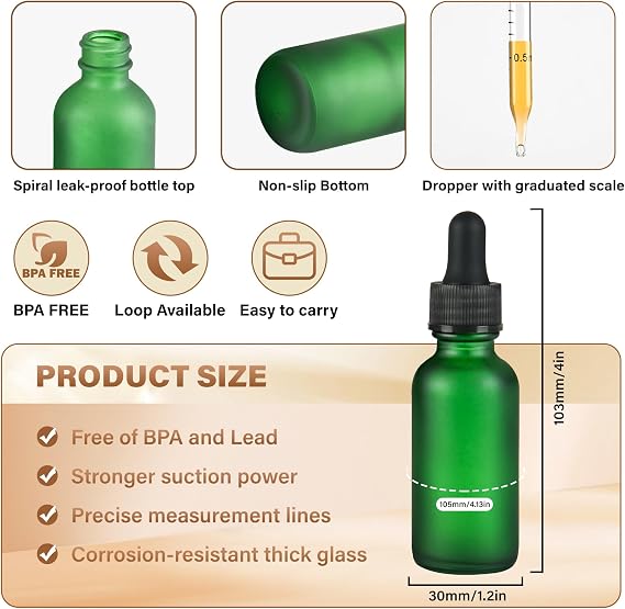 NOOEEISS 12 Pcs, 1oz Dropper Bottle, Green Glass Eye Dropper Bottle, Tincture Bottles with Dropper, Pretty Finish, Leak-Proof Design, Stronger Suction for All Kinds of Mixed Liquids