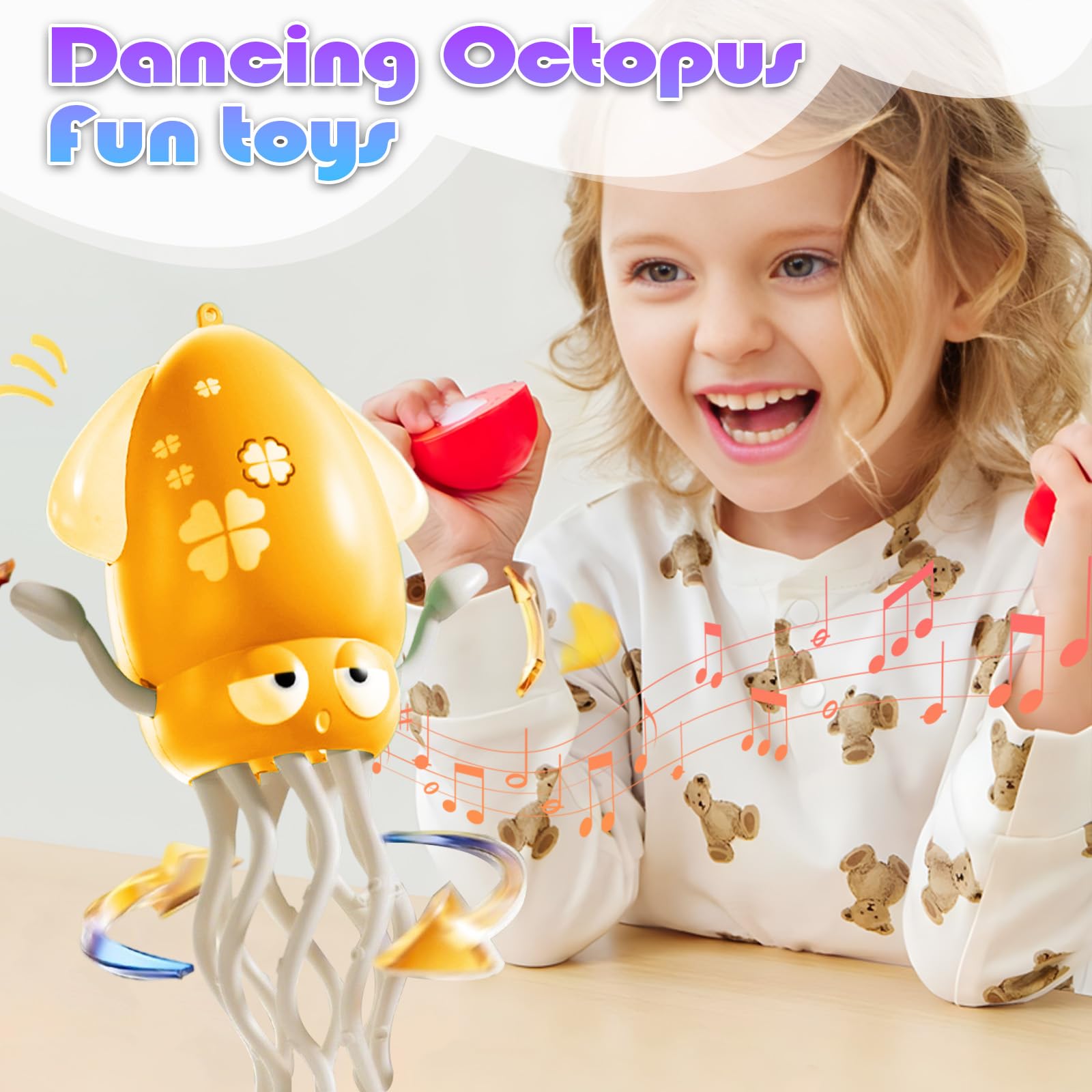 Uyapsen Electric Dancing Octopus Toy for Kids - Automatic Obstacle Avoidance, LED Lights & Music, Interactive Crawling Robot Toy for Toddlers, USB Rechargeable, Gift for Boys Girls (Yellow) 1
