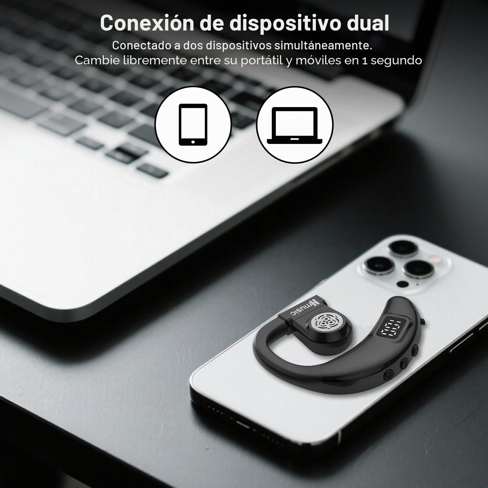 Hmusic Auriculares Bluetooth, V5.4 Auriculares inalámbricos, para Uso Izquierdo y Derecho, 20 Horas de reproducción Auricular con micrófono ENC para Conducir, amioneros, Negocios, Oficina -Negro