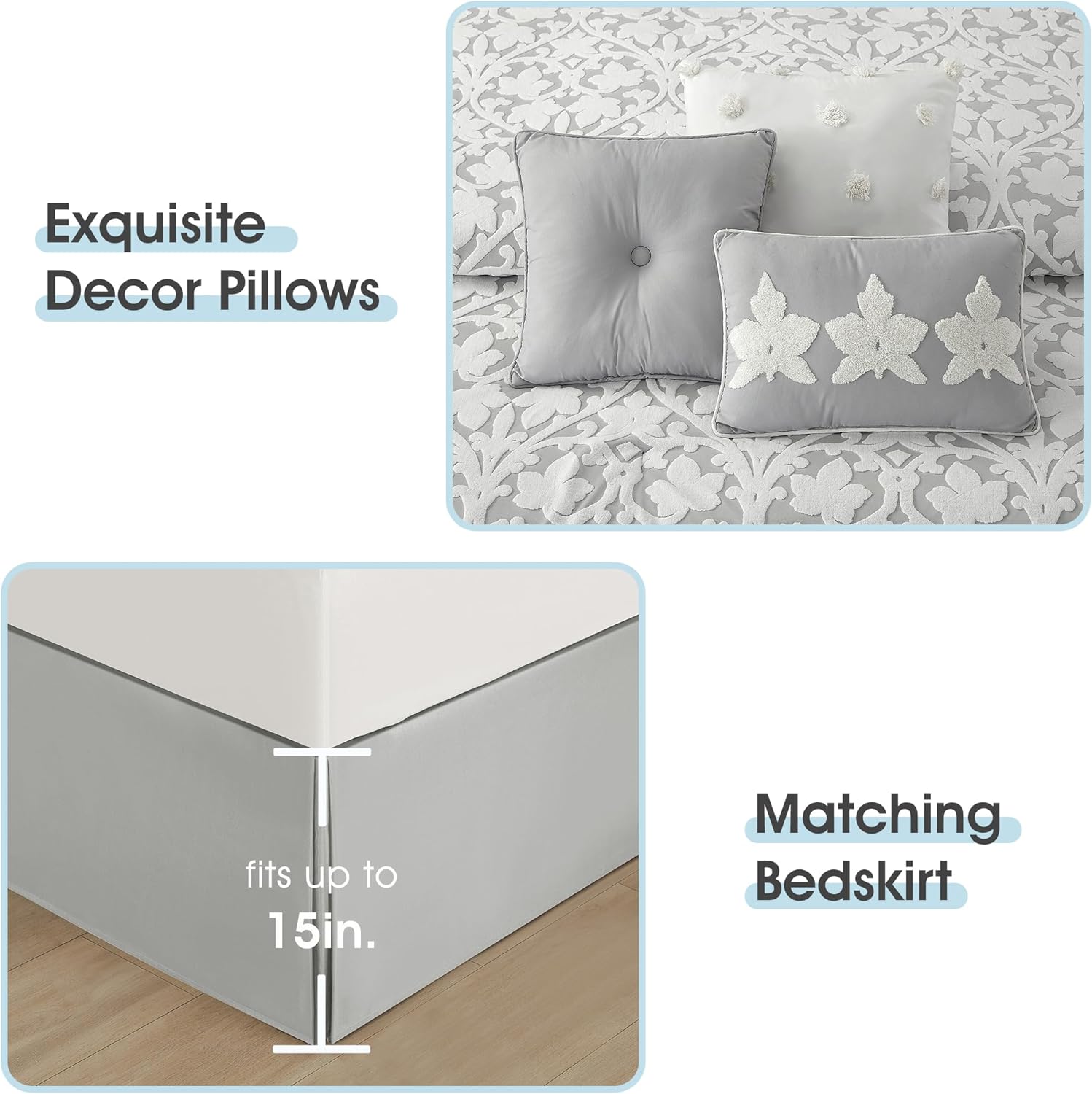 7 Pieces Comforter Set, California King, White Grey, Jacquard Floral Pattern and Classy Damask Medallion Design, Ultra Soft, Includes Bed Skirt, Shams and Decorative Pillows - Image 5