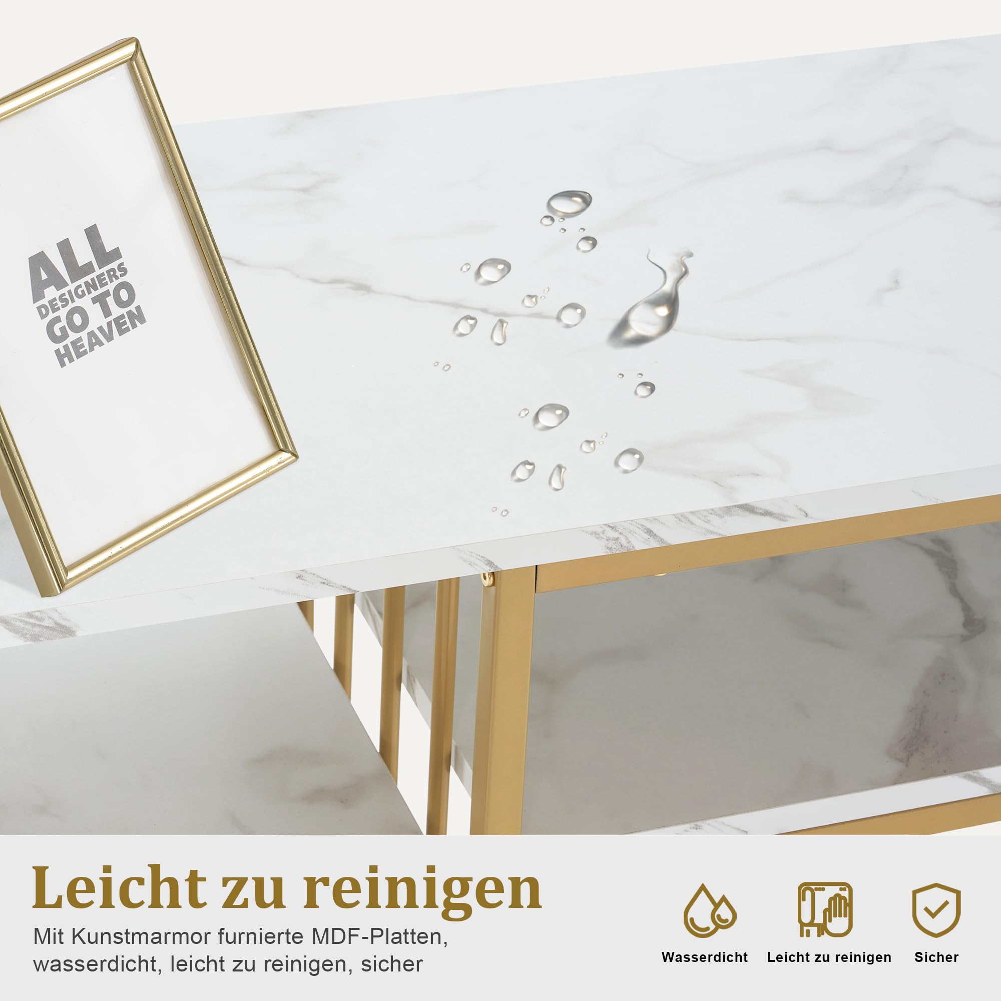 M MCombo Schreibtisch mit 6 Schubladen, Nageltisch, Manikürtisch, Schminktisch ohne Spiegel Modern, Computertisch mit Ablagen Wohnzimmer, 46x125x81cm, 2425 (Weiß-Gold)