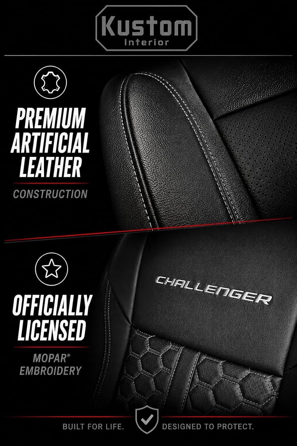 SR1 Performance Officially Licensed Custom Fit Seat Covers for 2015-2023 Dodge Charger – Front & Rear Set of 4, Premium Artificial Leather with Embroidered Logos (SRT) (All Black (White Stitching) image 4