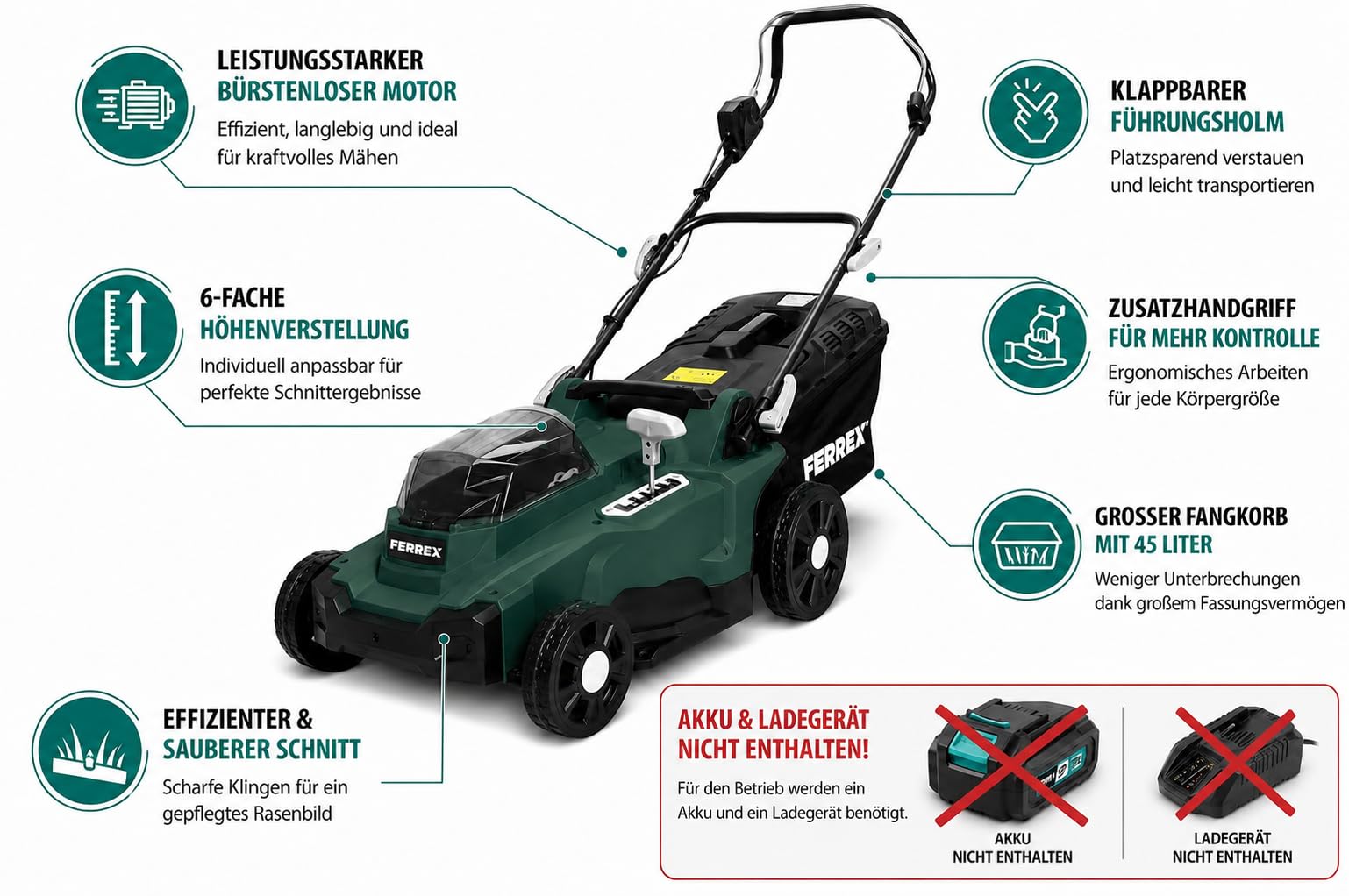 FERREX Akku-Rasenmäher FS-ARM 4037, 40V, Bürstenloser Motor, 37 cm Schnittbreite, 40 L Fangkorb, 6-Fach Schnitthöhenverstellung, für bis zu 250 m² B-Ware