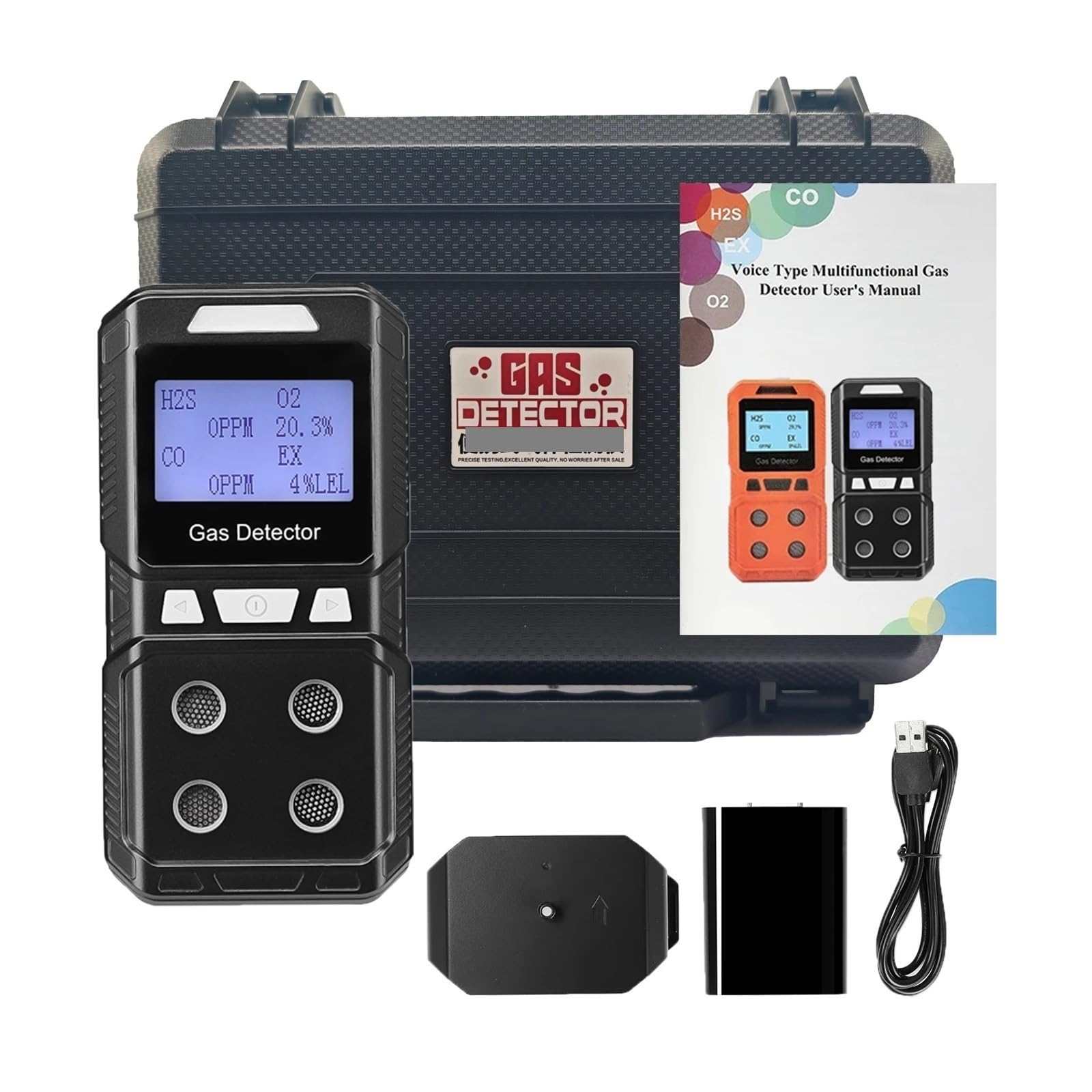 Détecteur de gaz, Détecteur de gaz Portable 4 en 1, testeur qualité l'air, analyseur Rechargeable, Haute précision, EX O2 H2S CO(B) 4in1 Gas Detector