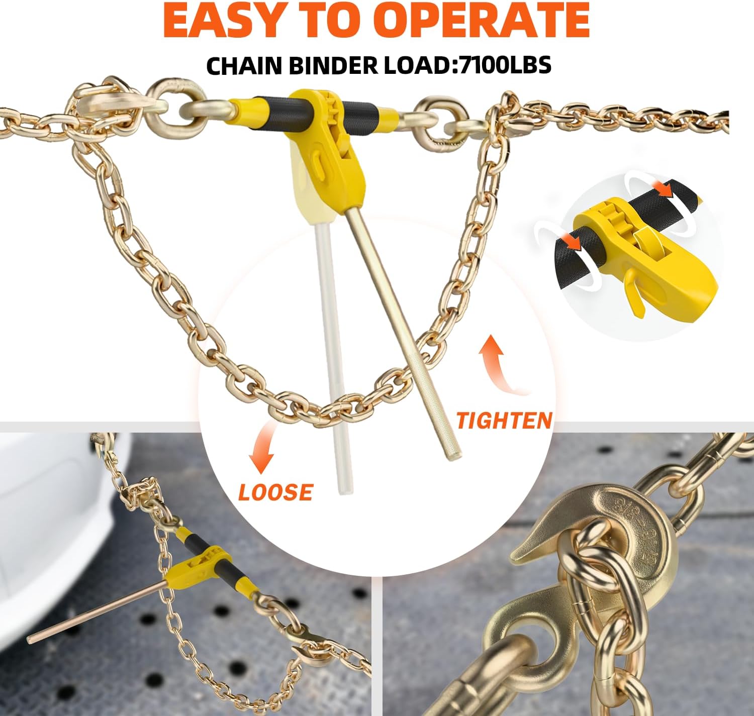 Ratchet Load Binders and Chains Set, 5/16"-3/8" Binders with 5/16" x 10 FT G80 Tow Chain, 7,100 lb WLL, 32,628 lb Break Strength, Includes 2 Self-Locking Hooks,Ideal for Truck Trailer Cargo Tie Downs