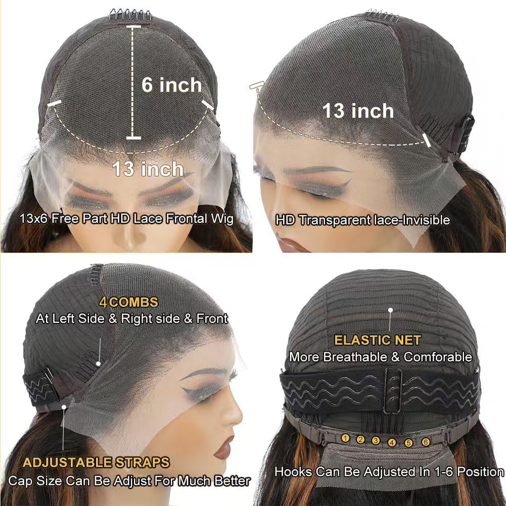 200% Density Highlight Ombre Lace Front Wig Human Hair Glueless 13x6 Body Wave HD Transparent 1B/30 Honey Blonde Lace Frontal Wigs Human Hair Pre Plucked With Baby Hair 30 inch