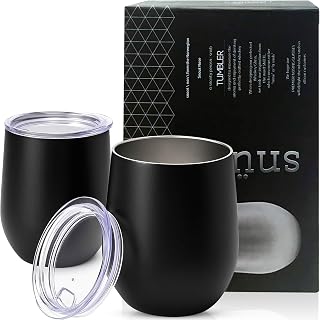 Double-Wall Insulated Whiskey Glass - 12 oz Stemless Nosing Stainless Steel Whisky Glass - Perfect for Bourbon and Whisky Lovers (Black - Pack of 2)