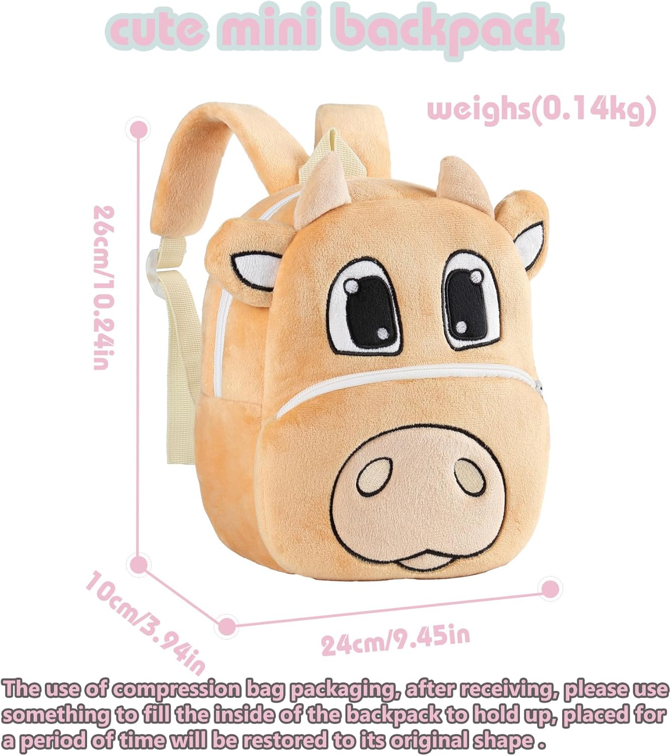 Toddler Backpack for Girls Boys School Small Backpacks Toddler Back Pack Stuffed Animal Backpack Kawaii Kids Mini School Bag Preschool Age 2-4 Cow - Image 3