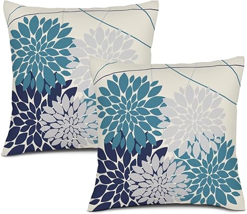 Juego de 2 fundas de almohada de 18 x 18 pulgadas con estampado de flores de dalia, decoración al aire libre, funda de lino para el hogar, sala de