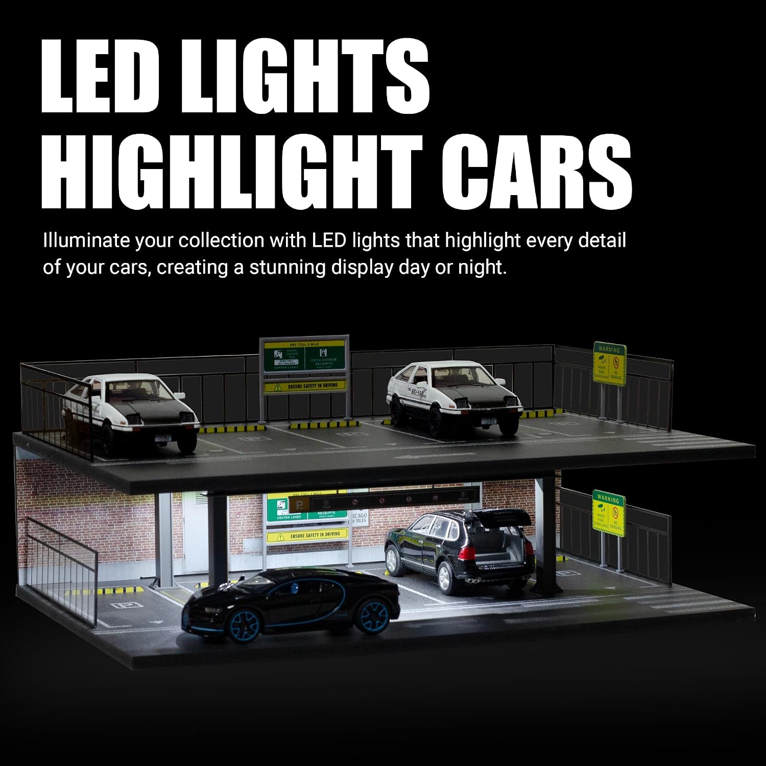1/32 Scale 2 Layers Cars Display Case for Model Car Display and Storage | Garage with LED Light Matchbox Dioramas Parking Lot 10 Parking Spaces (Type 03)