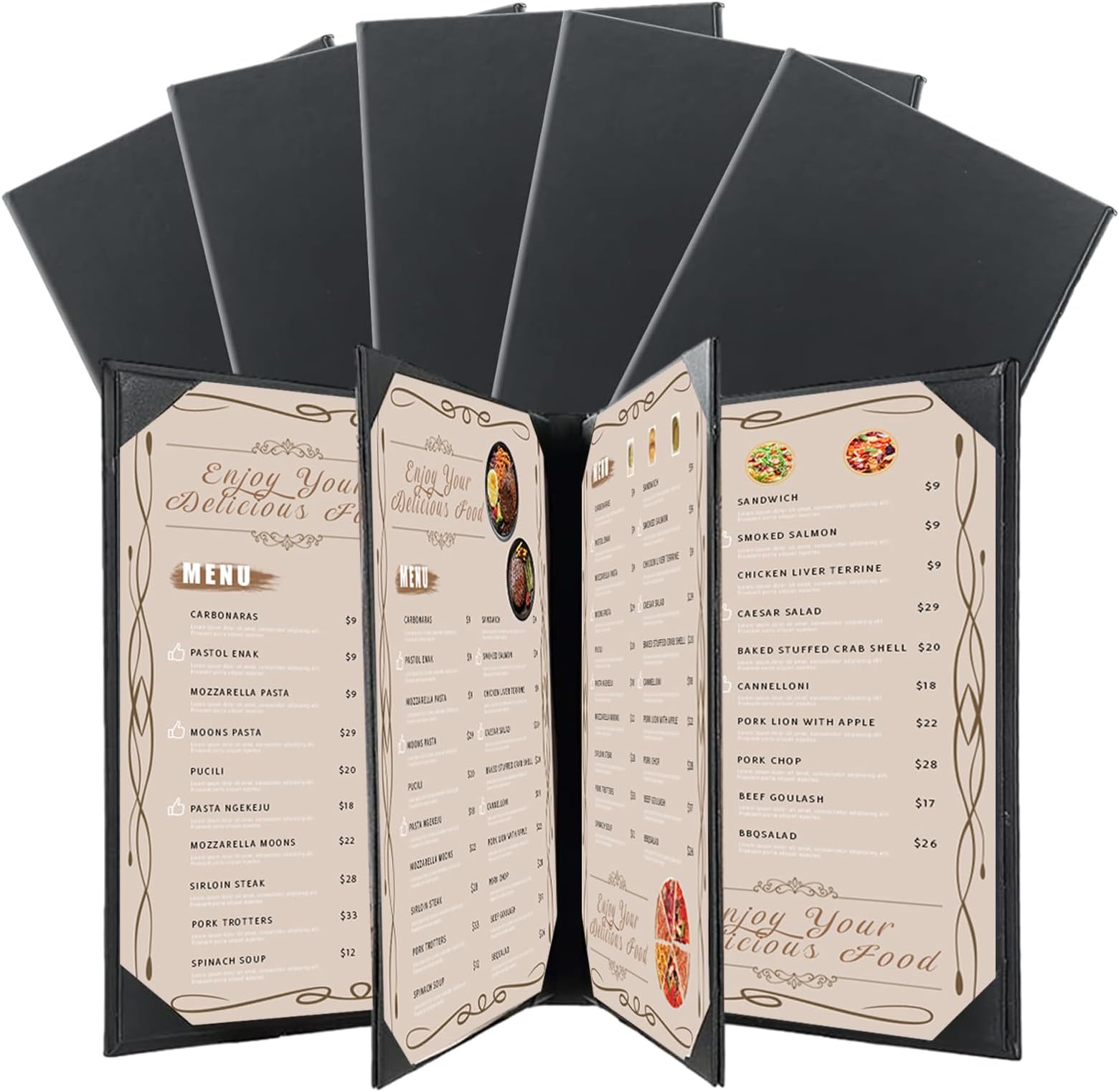 Restaurant Menu Covers Holders 8.5" X 11" | Pack of 5 Synthetic Leather 6 View Menu Holder Covers Book Style with Angled Corners Black for Wine List (5, 6 View (8.5" x 11"))