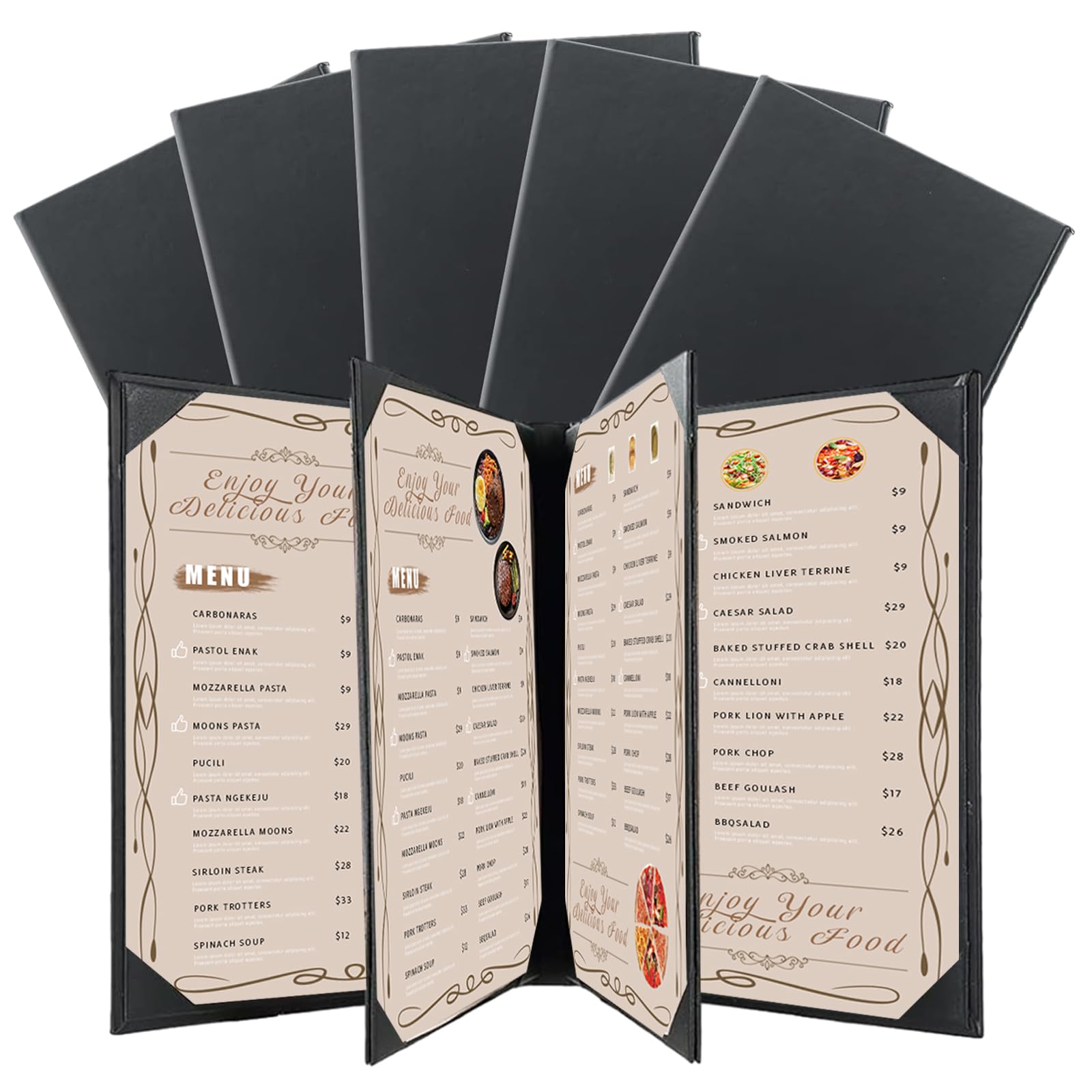 flkqc restaurant menu covers holders 85 x 11  pack of 5 synthetic leather 6 view menu holder covers book style with angled corners black for wine list 5 6 view 85 x 11