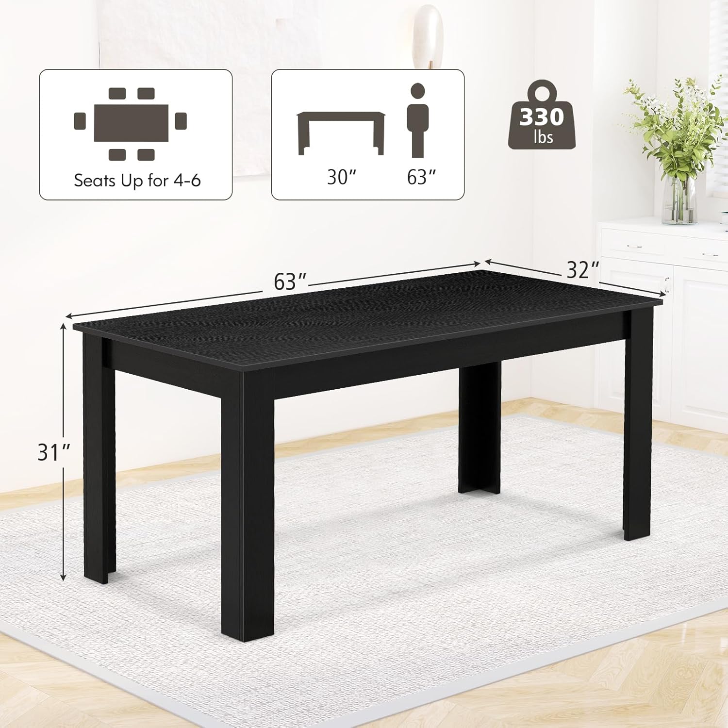 63-Inch Dining Table for 4-6 People, Rectangular Wooden Kitchen Table, L-Shaped Legs, 330 LBS Weight Capacity, Modern Farmhouse Dinette Table for Restaurant, Living Room, Family (Black)
