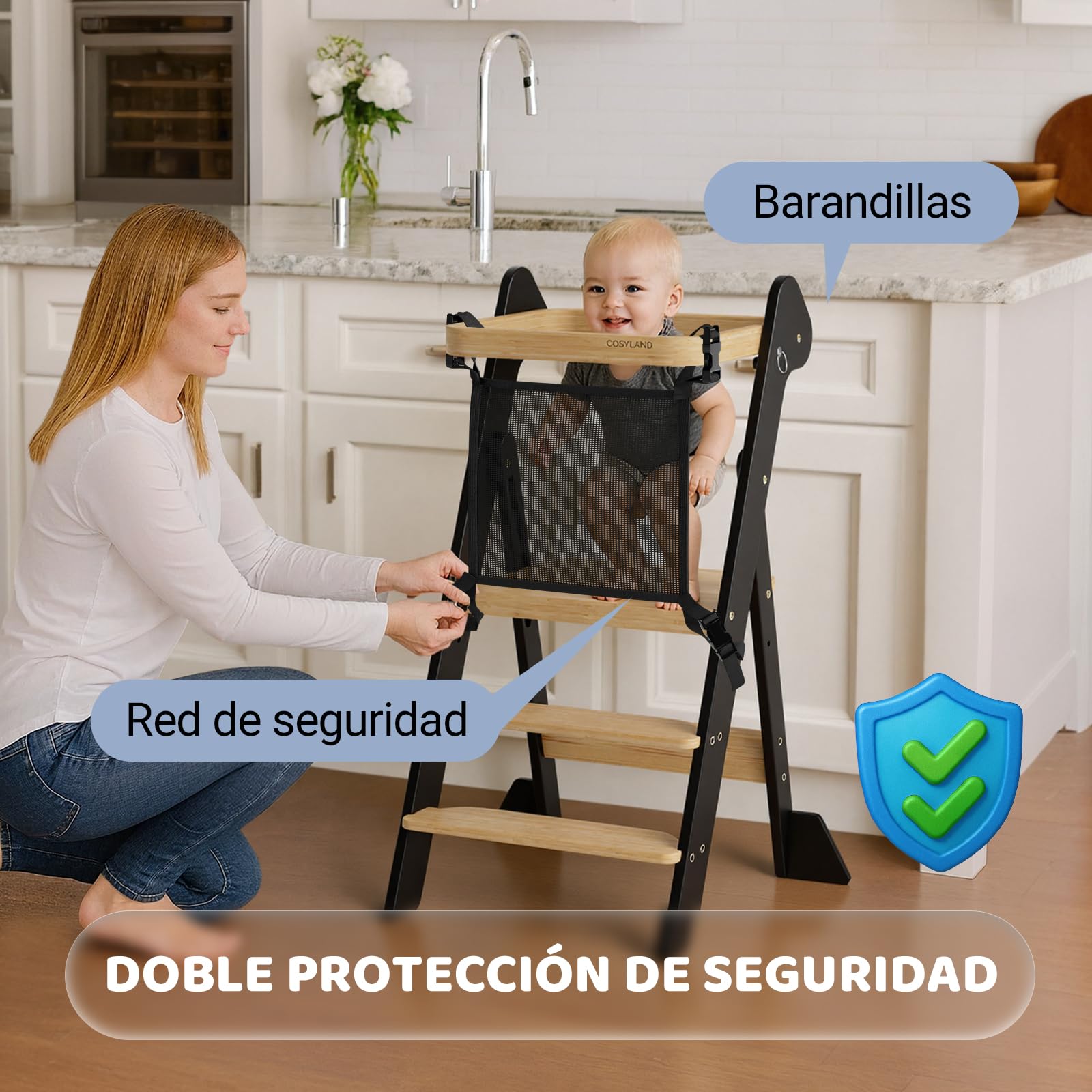 COSYLAND Torre de Aprendizaje Plegable Desde 1 Año – Premio iF Design, Torre Montessori con Red de Seguridad y Altura Ajustable, Ideal para Cocina y Baño, Foldi (Negro y Natural)