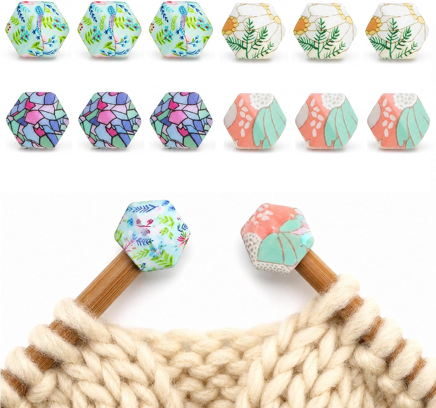 Psiriol 12 Pcs Knitting Needle Stoppers, Print Knitting Needle End Caps