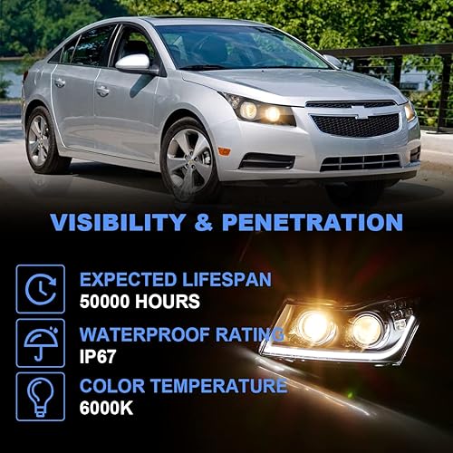 Miniatura 8 de ROXX Conjunto de faros delanteros para Chevy Cruze 2011-2015, tubo LED DRL, carcasa negra, proyector, faros delanteros, par de faros delanteros,