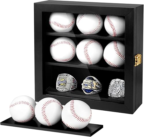 Vitrina de béisbol con anillo de campeonato, gabinete de pared de madera con cerradura para colección, anillo de campeonato de béisbol con