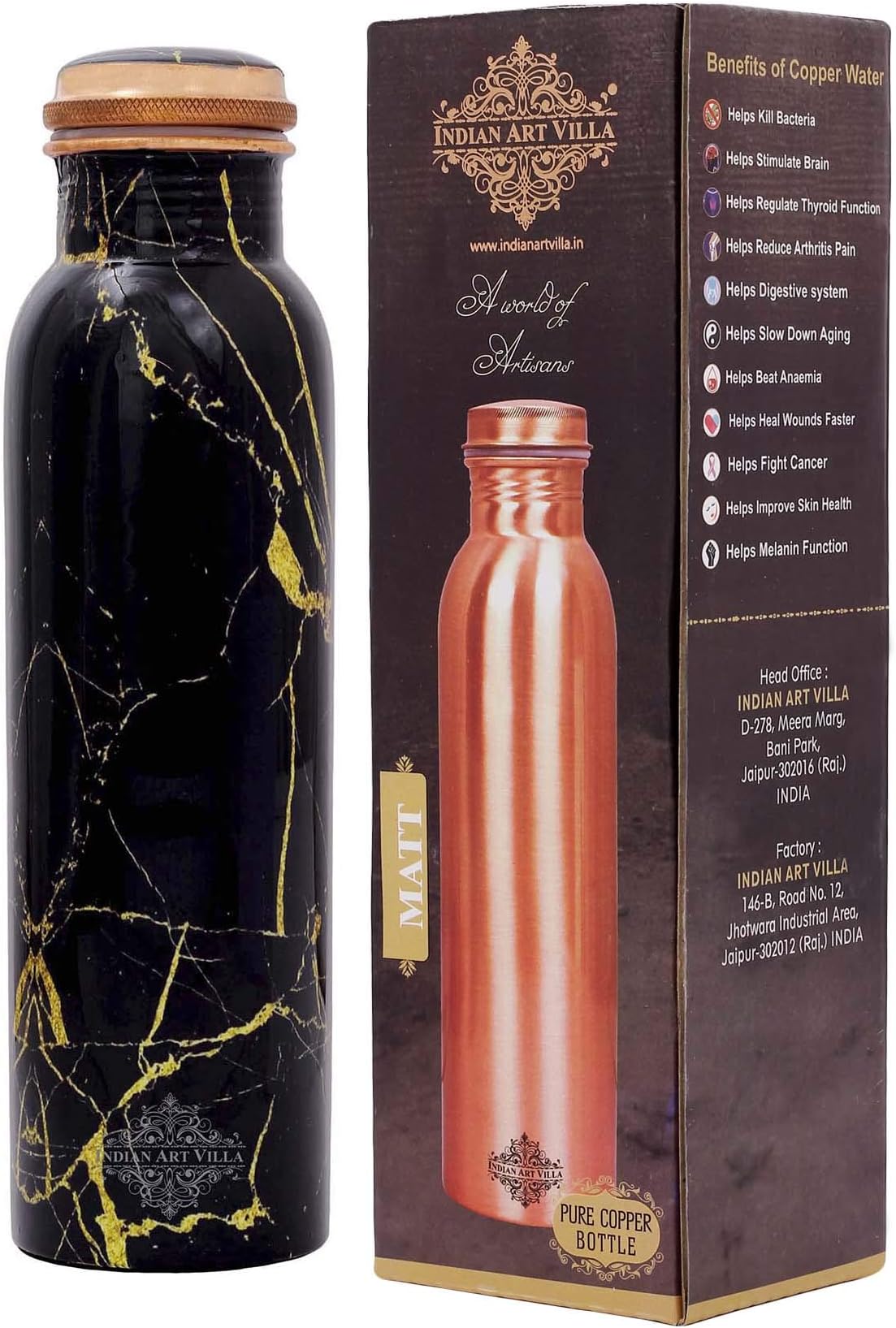 INDIAN ART VILLAPure Copper Printed Water Bottle with Onyx Marble Design, Drinkware & Storage Purpose, Ayurvedic Health Benefits, Volume-1000 ml