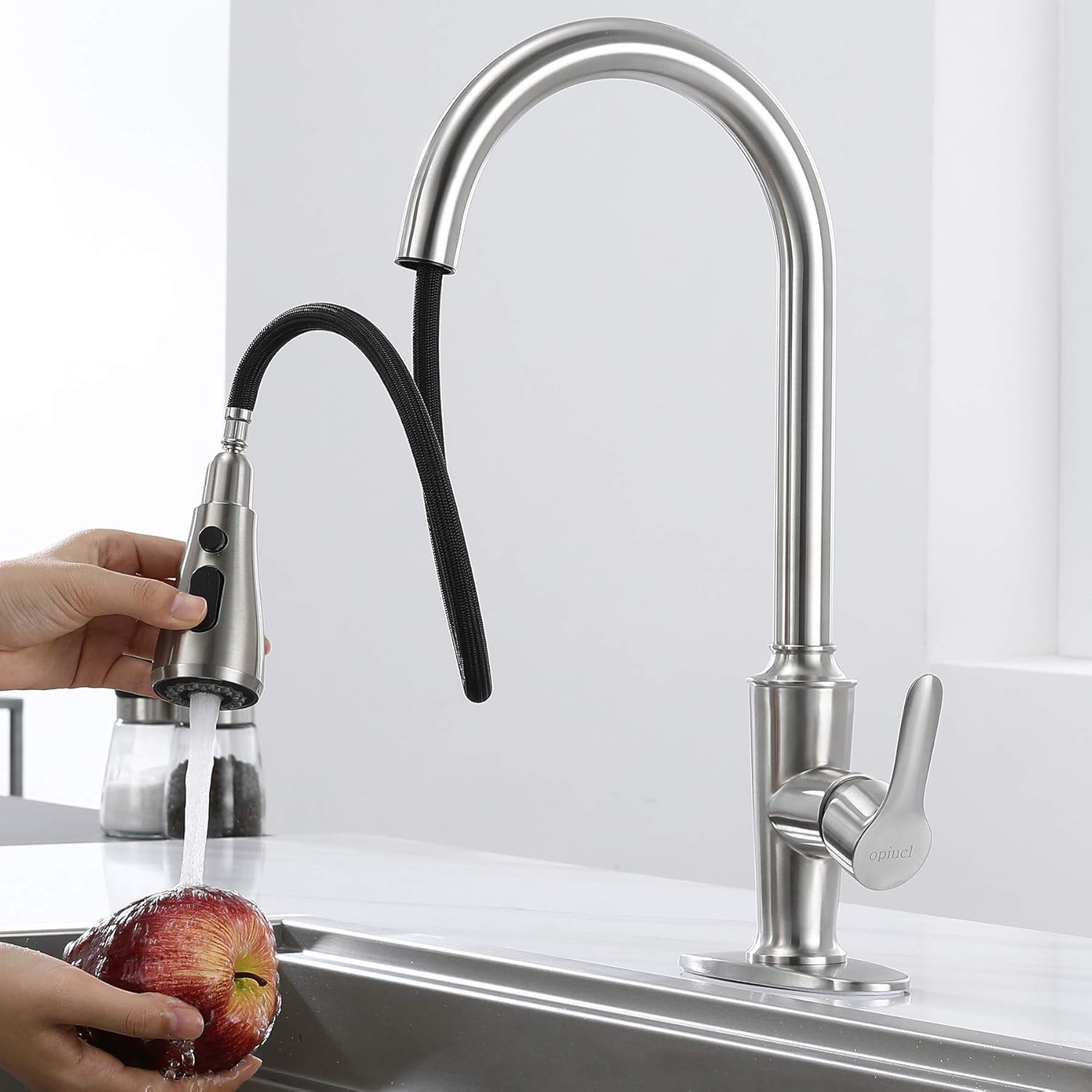 Bеѕt Quаlіtу 🔥 Opiucl Kitchen Faucet with 3 Modes Pull Down Sprayer Single Handle High Arc Brushed Nickel Kitchen Sink Faucet with Deck Plate Single Level Stainless Steel Utility Sink Faucets for Laundry