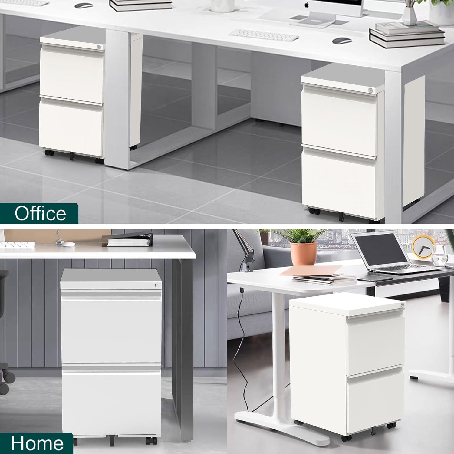 2 Drawer Mobile File Cabinet with Lock and Wheel, Anti-tilt Design Metal Vertical Filing Cabinet, Rolling Desk Filing Cabinet fits Letter/Legal Size for Home Office (White)