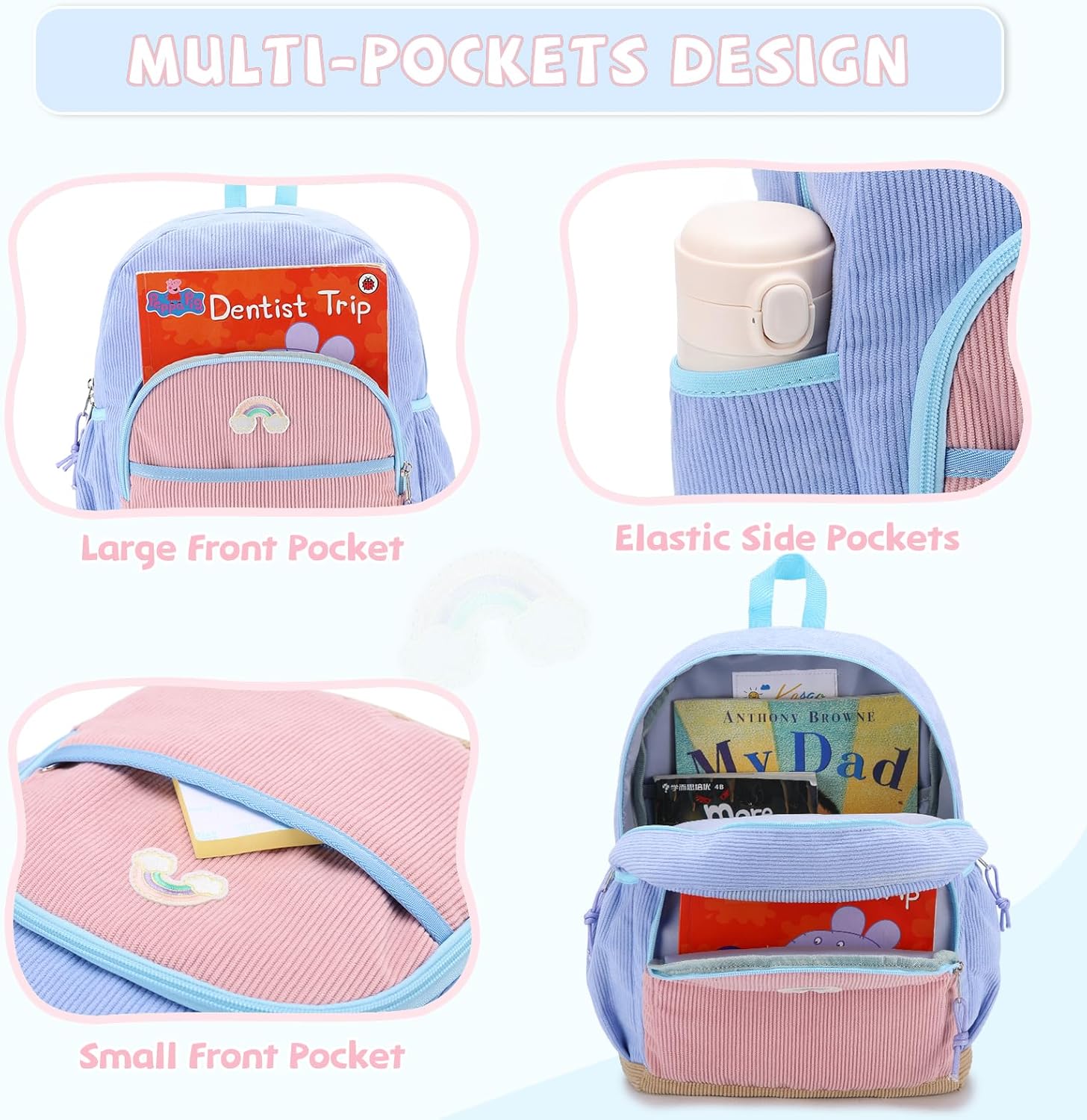 Kasqo Kids Corduroy Backpack, Lightweight Preschool & Primary School Bag for Boys & Girls 4-8 Years with Chest Buckle, 14.5" H, Fits A4 Folders Blue Pink - Image 4