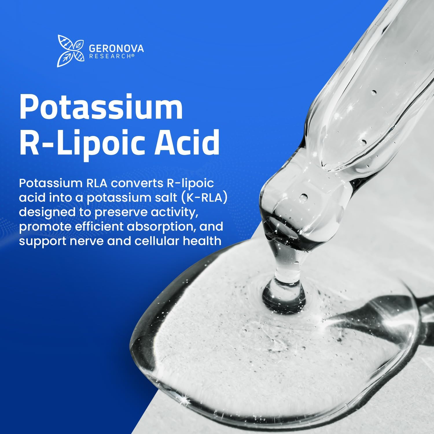 Geronova Research The R-Lipoic Solution, 2 fl oz – Potassium-Stabilized R-Lipoic Acid Liquid for Healthy Aging, Supports Nerve Health, and Cellular Balance – Fast-Absorbing 3-Ingredient RLA Drops