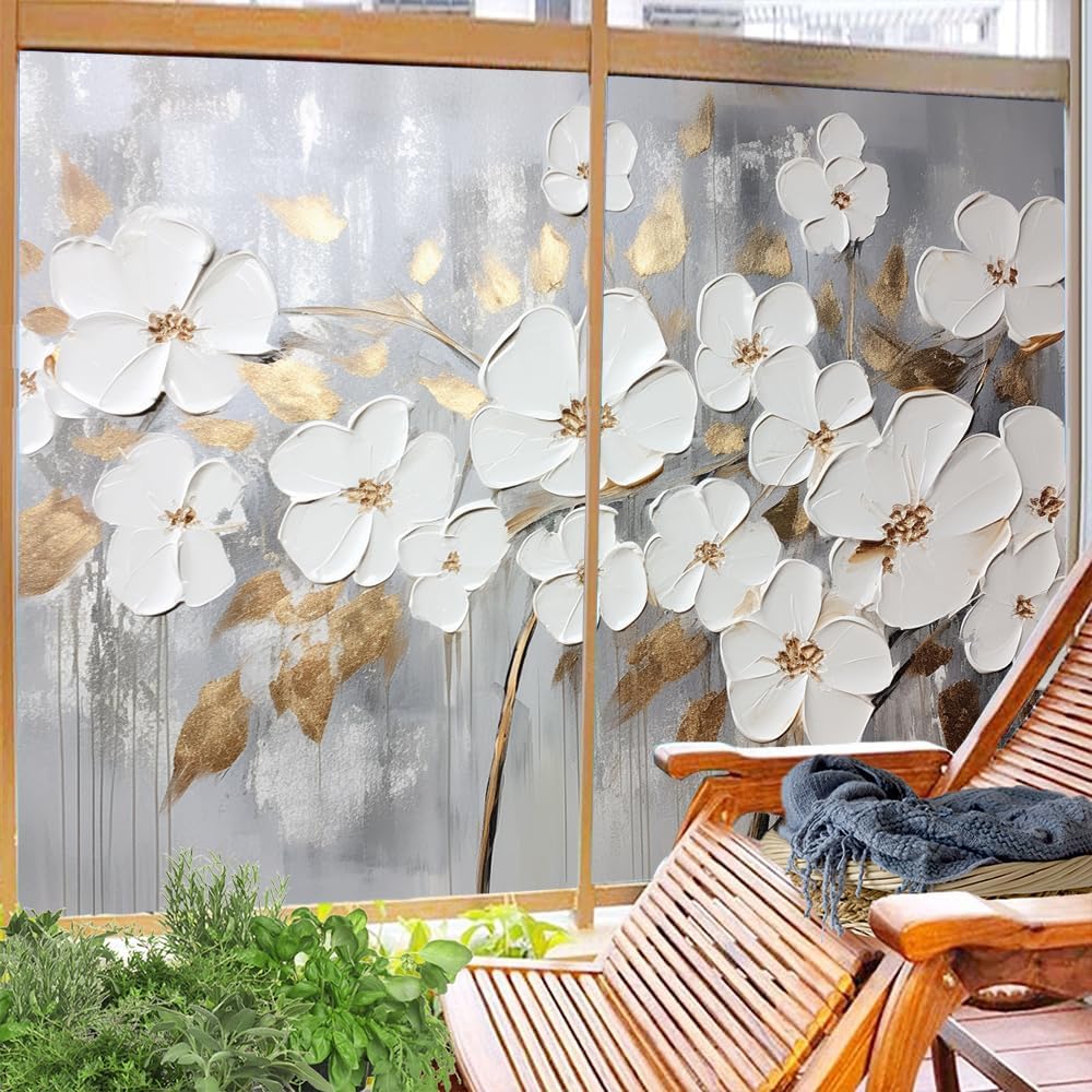 Watercolor Flower Privacy Window Film Abstract Natural White Painting Stained Glass Window Coverings Adhesive Sticker Frosted Window Film for Home Office Stores 27.6Wx39.4L-inch x2 Pcs