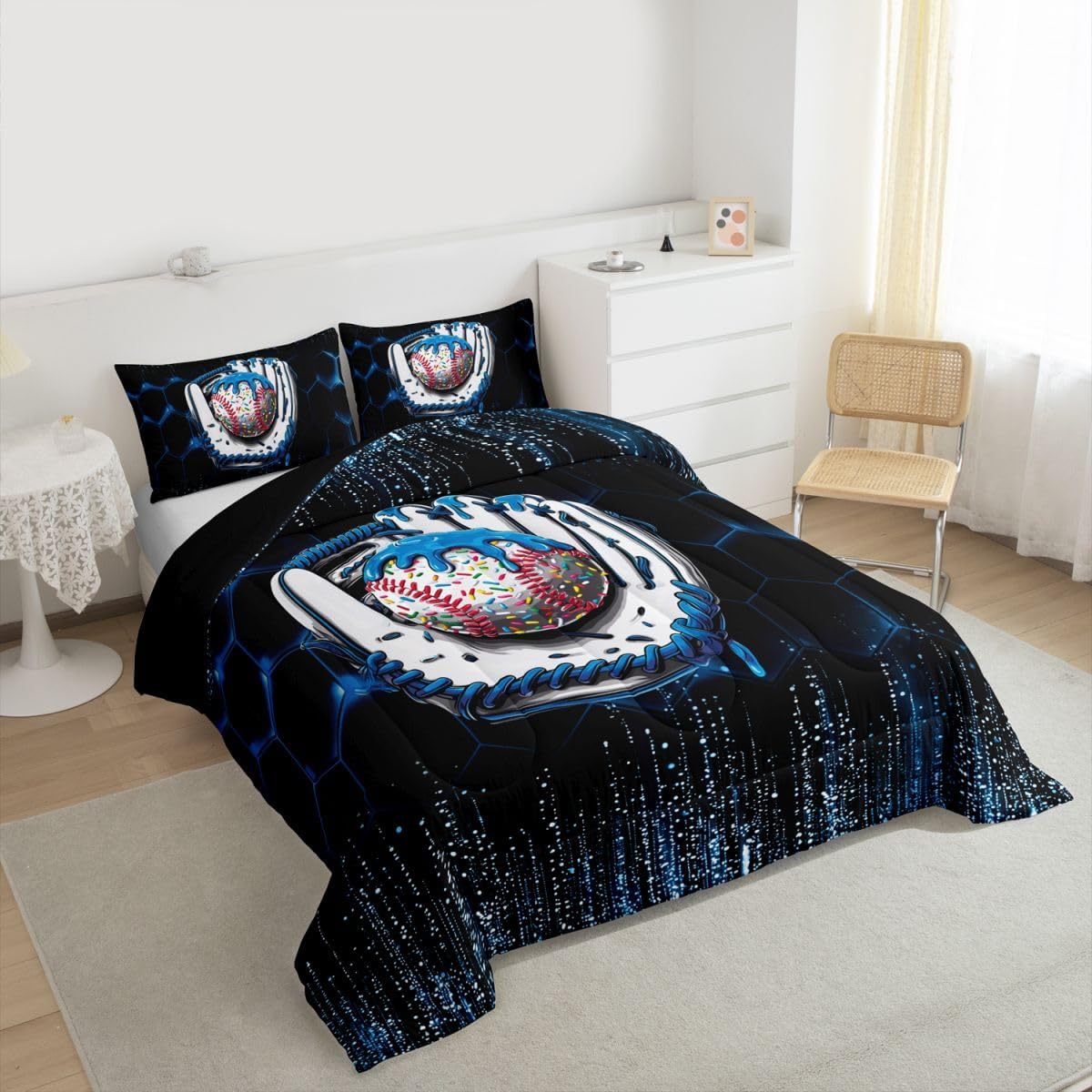 Manfei Baseball Ice Cream Comforter Set Queen Size,Blue Gloves Geometric Honeycomb Bedding Set 3pcs,Sports Theme Down Comforter for All Season,Kids Boys Girls Room Decor,2 Pillowcases,No Sheets