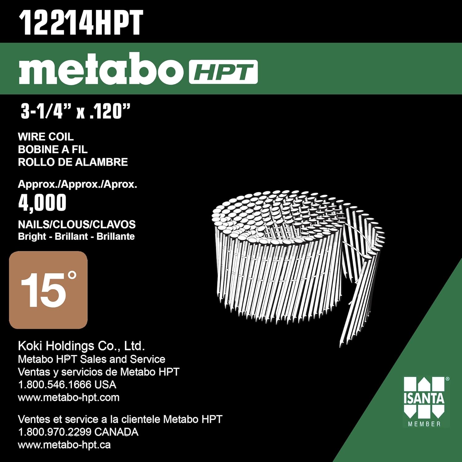 Metabo HPT 12214HPT Full Round Head Brite Basic Wire Coil Framing Nails 3-1/4" x .120 SC | 4000 Count