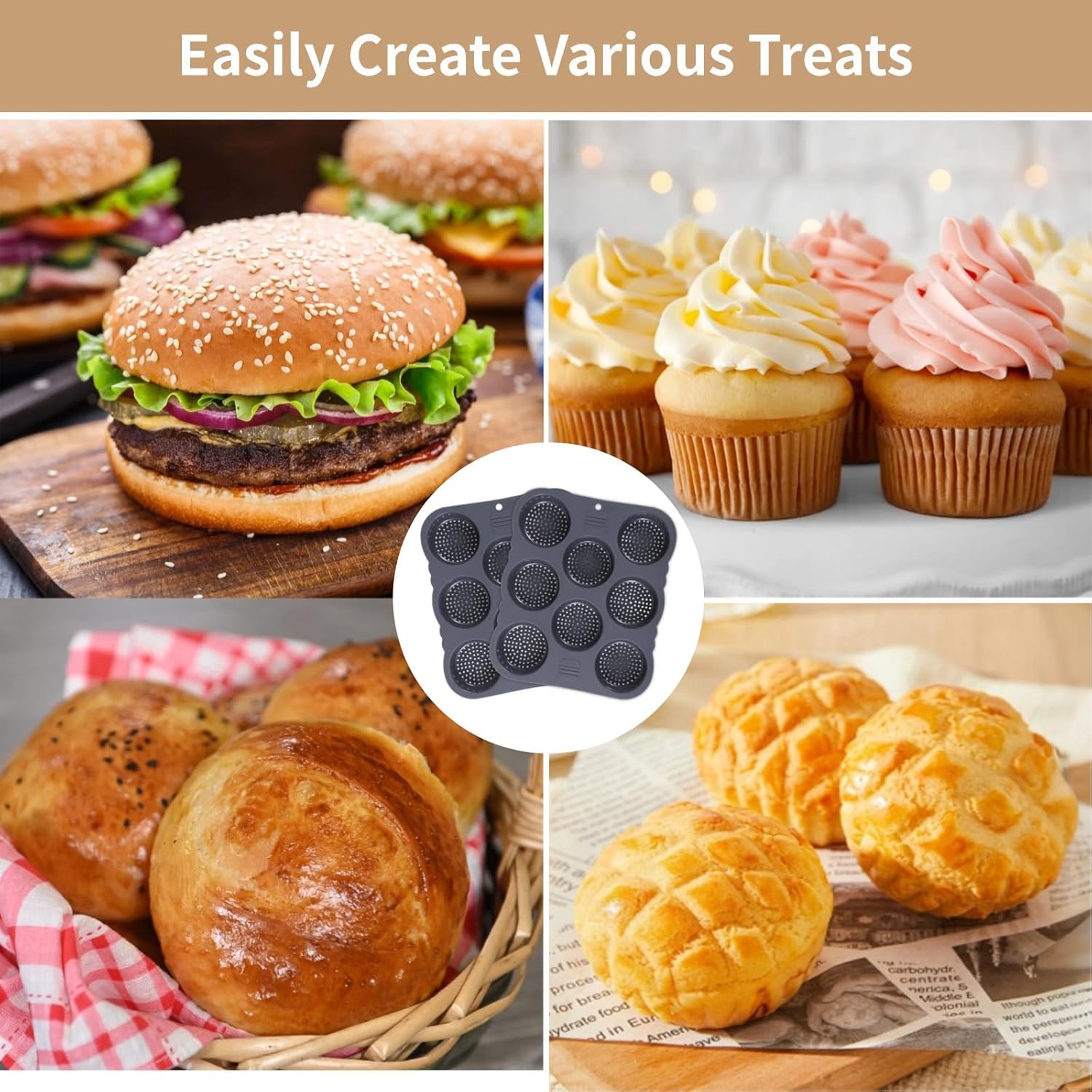 2 Pcs Silicone Hamburger Bun Molds, 8-Cup Baking Set with Spatula and Glove, Nonstick Perforated Molds, Microwave & Dishwasher Safe