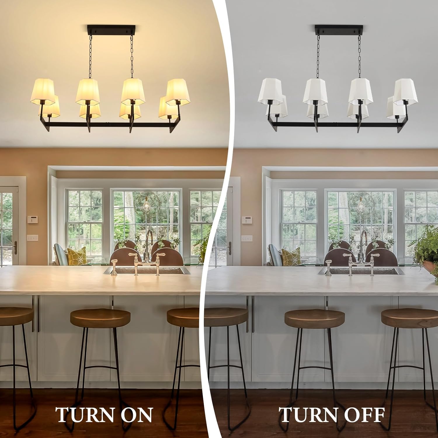 Farmhouse Chandeliers, 8-Light Black Chandeliers for Dining Room with White Fabric Shade, Adjustable Hanging Pendant Lighting for Kitchen Island Living Room