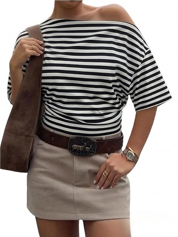Verdusa Women's Striped Off The Shoulder Top Cinched Waist Going Out Tops by Verdusa - Used condition - US$15.09