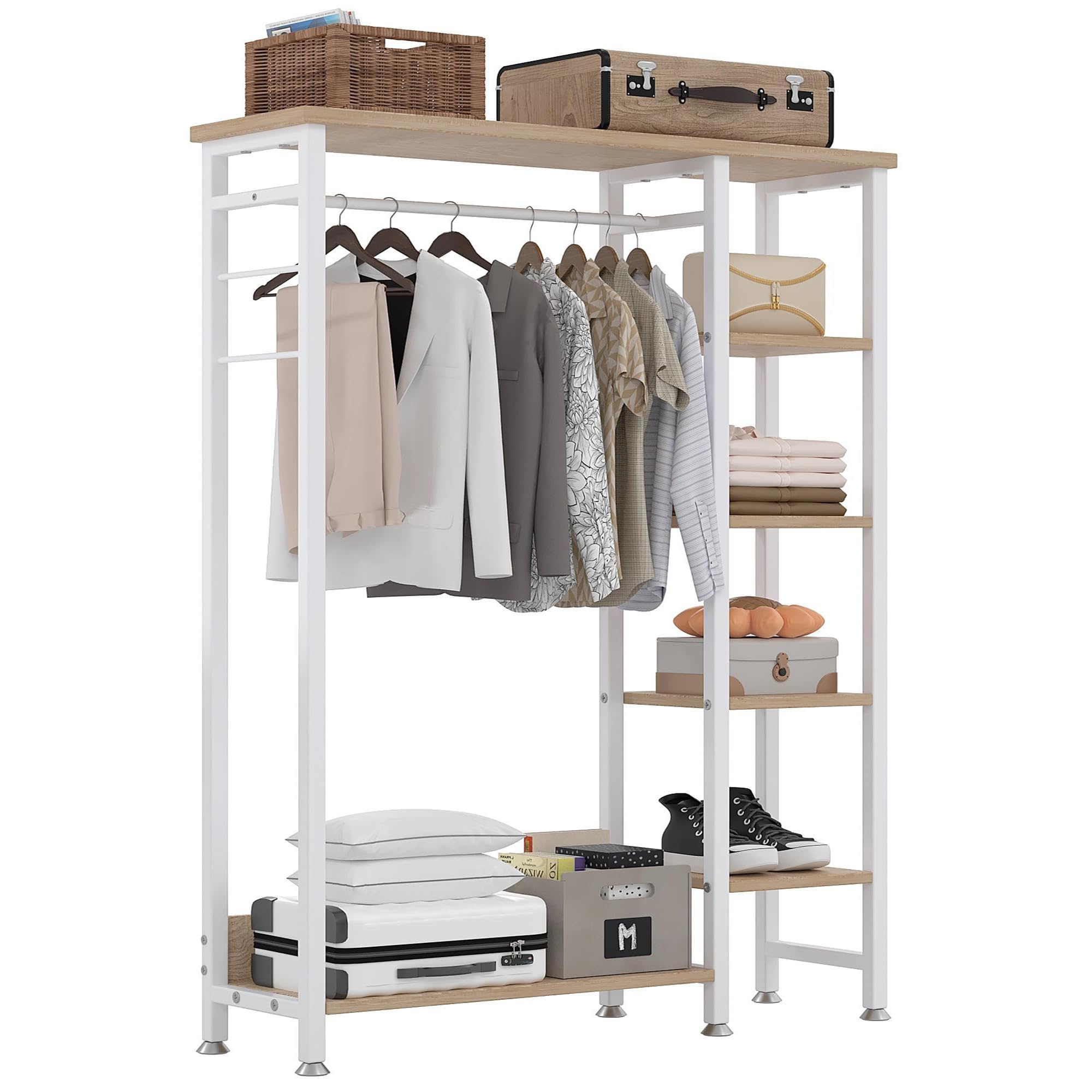 VECELO Free-Standing Garment Rack, Heavy Duty Coat Clothes Rail Rack with 5-Tier Storage Shelves and Hanging Rod for Bedroom Living Room Hallway Entryway, Easy Assembly, White Oak — image 1