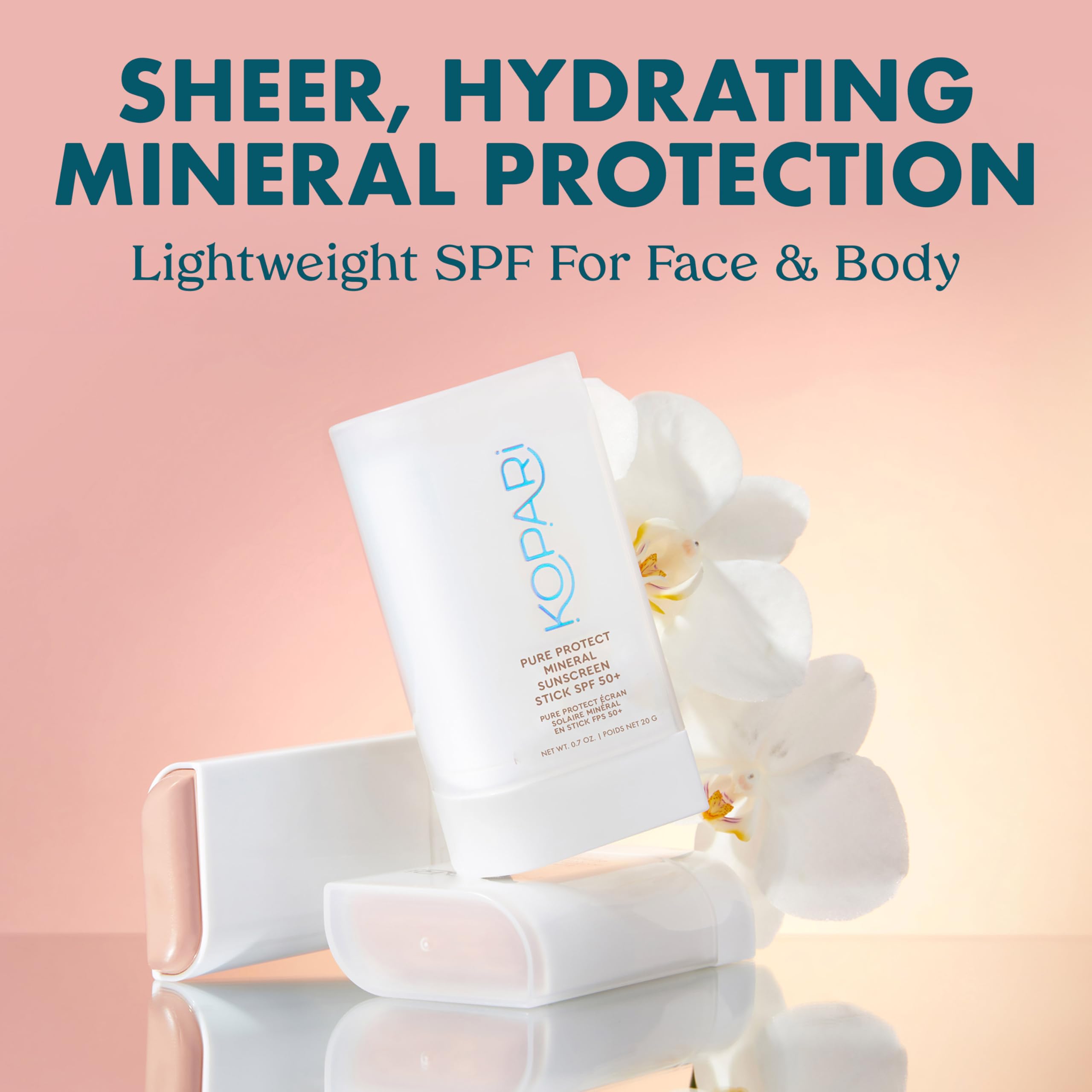 Kopari Pure Protect - Barra de protección solar 100 % mineral SPF 50+, protección solar transparente para cara y cuerpo con óxido de zinc, aceite de argán hidratante y manteca de karité