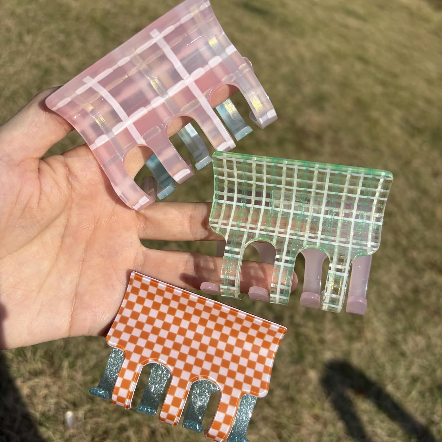 Checkered Hair Claw Clips 3-Pack, Medium French Claw for Women, 2.6 Inch Reversible Hair Clips for Thick and Thin Hair, Strong Hold Non-Slip Colorful Acetate Clips Set | 3 Colors